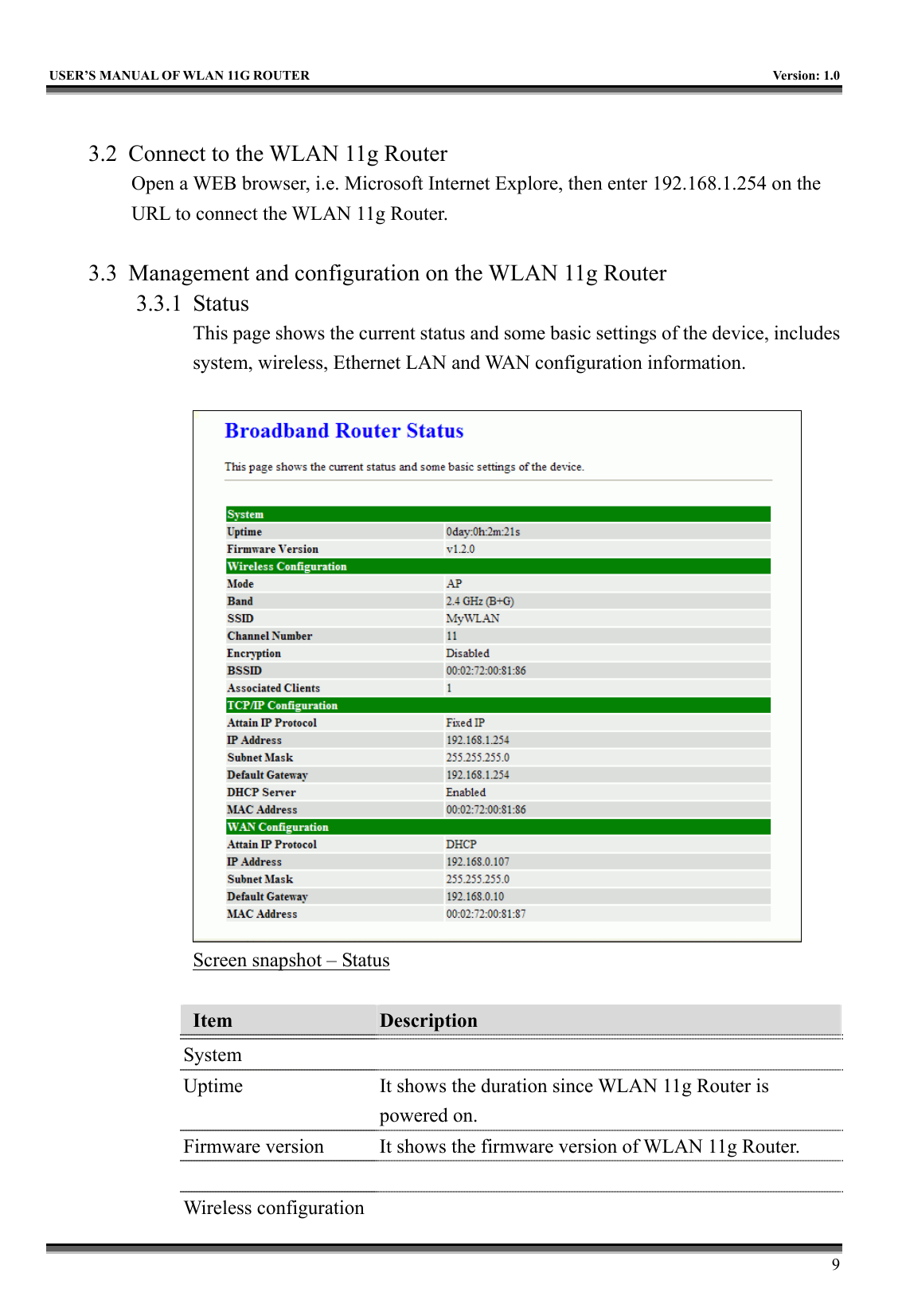   USER’S MANUAL OF WLAN 11G ROUTER    Version: 1.0     9  3.2  Connect to the WLAN 11g Router Open a WEB browser, i.e. Microsoft Internet Explore, then enter 192.168.1.254 on the URL to connect the WLAN 11g Router.  3.3  Management and configuration on the WLAN 11g Router 3.3.1 Status This page shows the current status and some basic settings of the device, includes system, wireless, Ethernet LAN and WAN configuration information.   Screen snapshot – Status  Item  Description   System  Uptime  It shows the duration since WLAN 11g Router is powered on.   Firmware version  It shows the firmware version of WLAN 11g Router.   Wireless configuration   