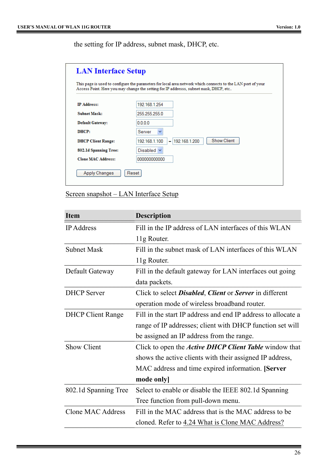   USER’S MANUAL OF WLAN 11G ROUTER    Version: 1.0     26 the setting for IP address, subnet mask, DHCP, etc.   Screen snapshot – LAN Interface Setup  Item  Description   IP Address  Fill in the IP address of LAN interfaces of this WLAN 11g Router. Subnet Mask  Fill in the subnet mask of LAN interfaces of this WLAN 11g Router. Default Gateway  Fill in the default gateway for LAN interfaces out going data packets. DHCP Server  Click to select Disabled, Client or Server in different operation mode of wireless broadband router. DHCP Client Range  Fill in the start IP address and end IP address to allocate a range of IP addresses; client with DHCP function set will be assigned an IP address from the range. Show Client  Click to open the Active DHCP Client Table window that shows the active clients with their assigned IP address, MAC address and time expired information. [Server mode only] 802.1d Spanning Tree  Select to enable or disable the IEEE 802.1d Spanning Tree function from pull-down menu. Clone MAC Address  Fill in the MAC address that is the MAC address to be cloned. Refer to 4.24 What is Clone MAC Address? 