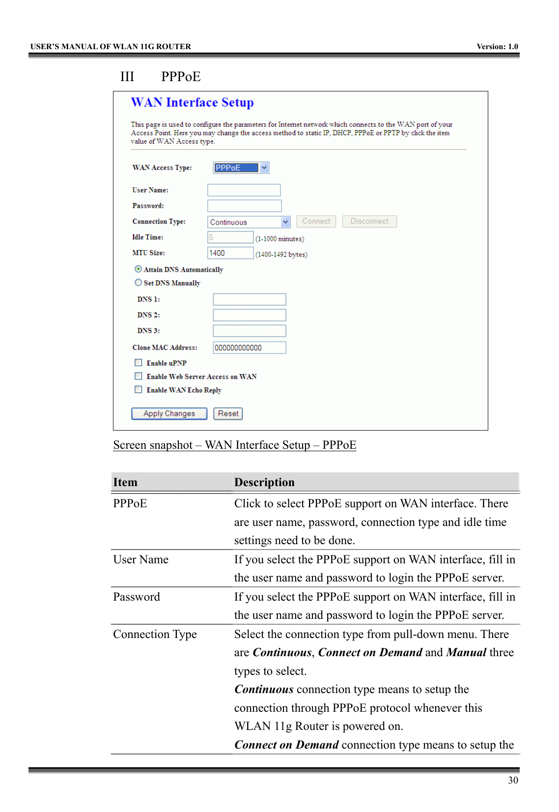   USER’S MANUAL OF WLAN 11G ROUTER    Version: 1.0     30 III  PPPoE  Screen snapshot – WAN Interface Setup – PPPoE  Item  Description   PPPoE  Click to select PPPoE support on WAN interface. There are user name, password, connection type and idle time settings need to be done. User Name  If you select the PPPoE support on WAN interface, fill in the user name and password to login the PPPoE server. Password  If you select the PPPoE support on WAN interface, fill in the user name and password to login the PPPoE server. Connection Type  Select the connection type from pull-down menu. There are Continuous, Connect on Demand and Manual three types to select. Continuous connection type means to setup the connection through PPPoE protocol whenever this WLAN 11g Router is powered on. Connect on Demand connection type means to setup the 