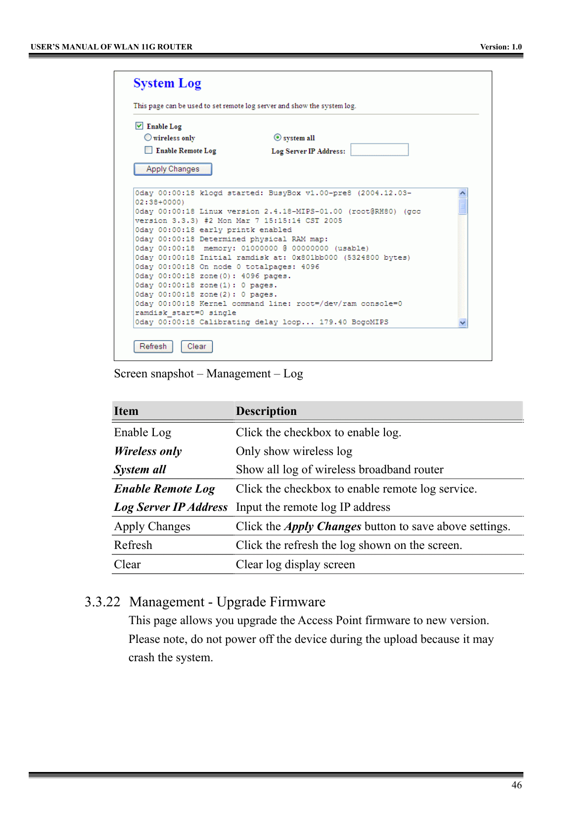   USER’S MANUAL OF WLAN 11G ROUTER    Version: 1.0     46  Screen snapshot – Management – Log  Item  Description   Enable Log Wireless only System all Click the checkbox to enable log. Only show wireless log Show all log of wireless broadband router Enable Remote Log Log Server IP Address Click the checkbox to enable remote log service. Input the remote log IP address Apply Changes  Click the Apply Changes button to save above settings. Refresh  Click the refresh the log shown on the screen. Clear  Clear log display screen  3.3.22  Management - Upgrade Firmware This page allows you upgrade the Access Point firmware to new version. Please note, do not power off the device during the upload because it may crash the system.  