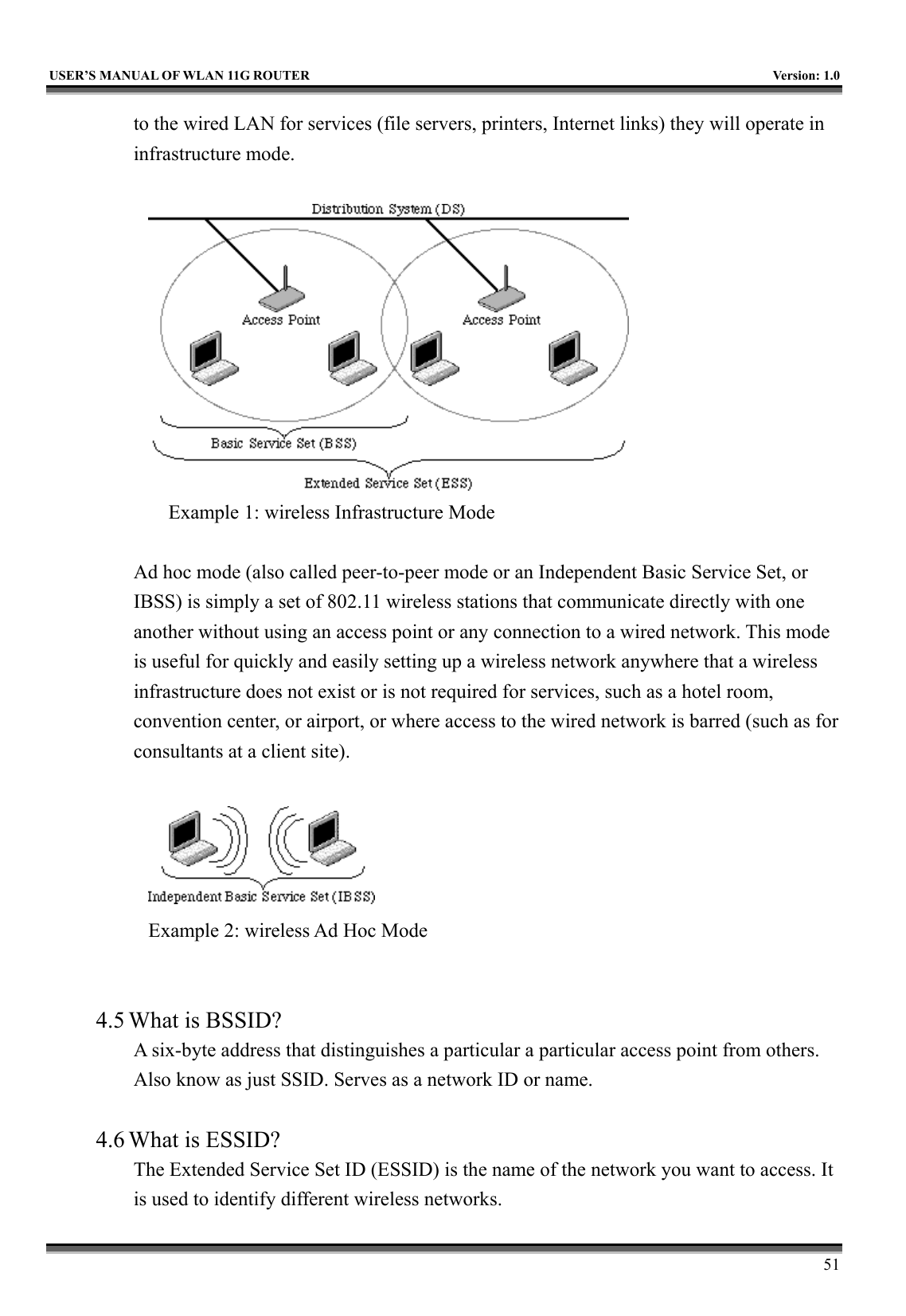   USER’S MANUAL OF WLAN 11G ROUTER    Version: 1.0     51 to the wired LAN for services (file servers, printers, Internet links) they will operate in infrastructure mode.     Example 1: wireless Infrastructure Mode  Ad hoc mode (also called peer-to-peer mode or an Independent Basic Service Set, or IBSS) is simply a set of 802.11 wireless stations that communicate directly with one another without using an access point or any connection to a wired network. This mode is useful for quickly and easily setting up a wireless network anywhere that a wireless infrastructure does not exist or is not required for services, such as a hotel room, convention center, or airport, or where access to the wired network is barred (such as for consultants at a client site).     Example 2: wireless Ad Hoc Mode   4.5 What is BSSID?   A six-byte address that distinguishes a particular a particular access point from others. Also know as just SSID. Serves as a network ID or name.    4.6 What is ESSID?   The Extended Service Set ID (ESSID) is the name of the network you want to access. It is used to identify different wireless networks.   