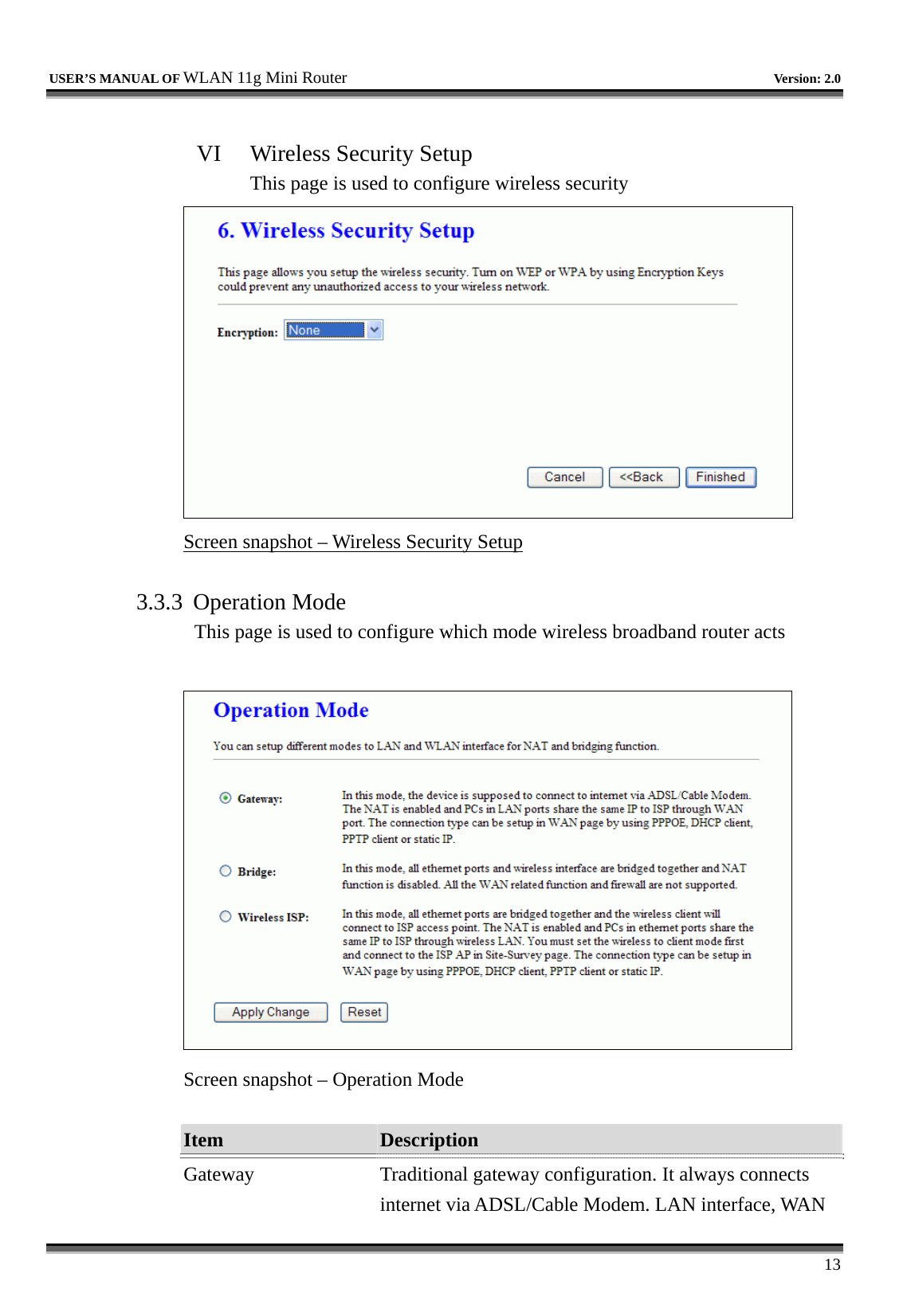   USER’S MANUAL OF WLAN 11g Mini Router   Version: 2.0     13  VI  Wireless Security Setup This page is used to configure wireless security  Screen snapshot – Wireless Security Setup  3.3.3 Operation Mode This page is used to configure which mode wireless broadband router acts   Screen snapshot – Operation Mode  Item  Description   Gateway  Traditional gateway configuration. It always connects internet via ADSL/Cable Modem. LAN interface, WAN 