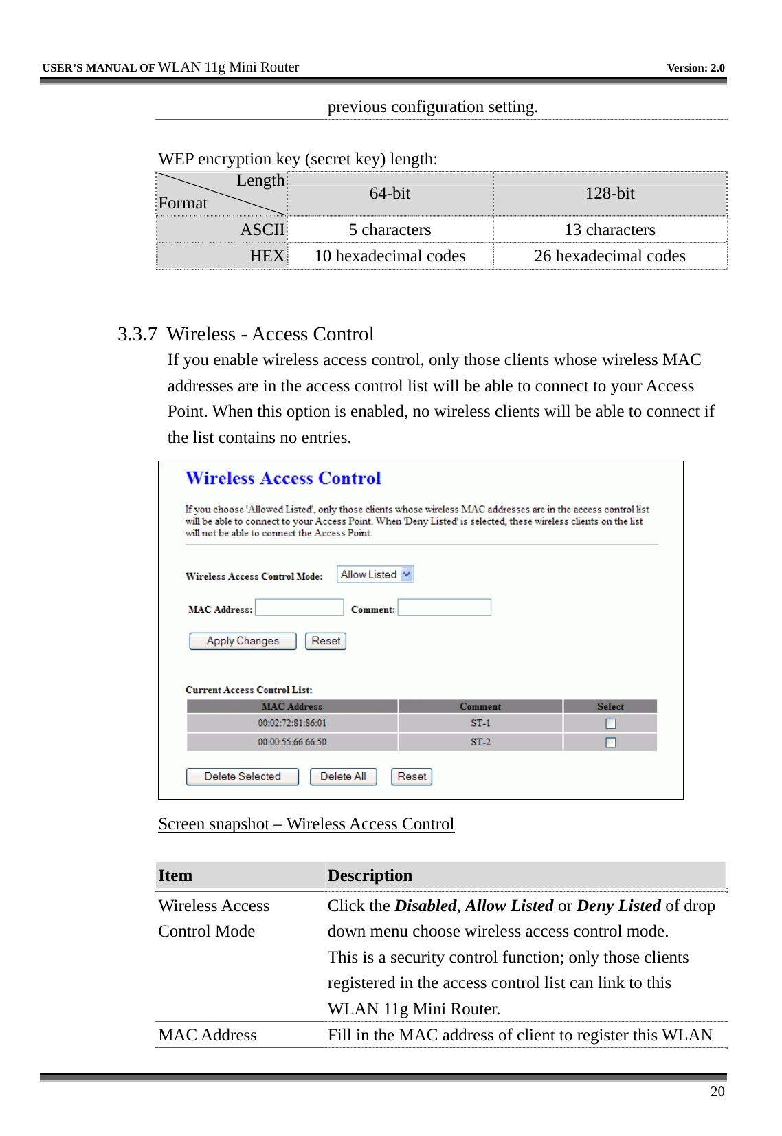   USER’S MANUAL OF WLAN 11g Mini Router   Version: 2.0     20 previous configuration setting.  WEP encryption key (secret key) length: Length Format  64-bit  128-bit ASCII  5 characters  13 characters HEX  10 hexadecimal codes    26 hexadecimal codes   3.3.7  Wireless - Access Control If you enable wireless access control, only those clients whose wireless MAC addresses are in the access control list will be able to connect to your Access Point. When this option is enabled, no wireless clients will be able to connect if the list contains no entries.  Screen snapshot – Wireless Access Control  Item  Description   Wireless Access Control Mode Click the Disabled, Allow Listed or Deny Listed of drop down menu choose wireless access control mode. This is a security control function; only those clients registered in the access control list can link to this WLAN 11g Mini Router.   MAC Address  Fill in the MAC address of client to register this WLAN 