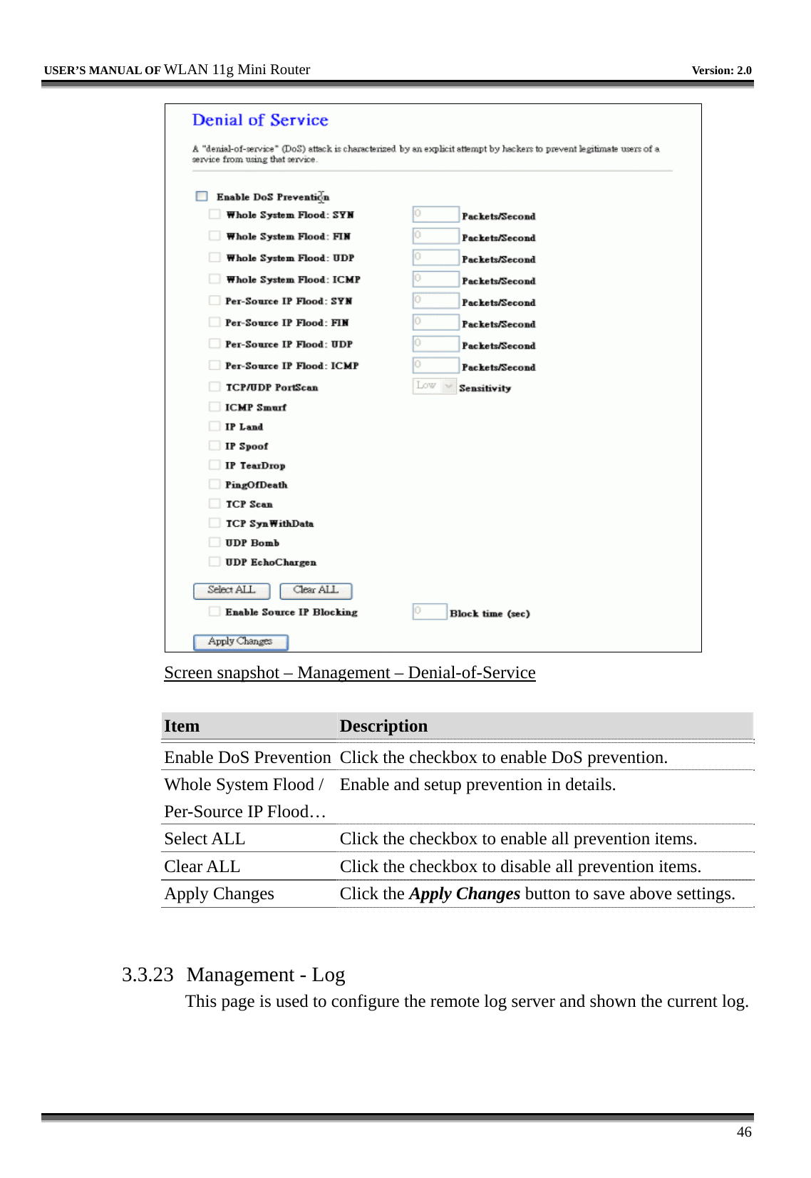   USER’S MANUAL OF WLAN 11g Mini Router   Version: 2.0     46  Screen snapshot – Management – Denial-of-Service  Item  Description   Enable DoS Prevention Click the checkbox to enable DoS prevention. Whole System Flood / Per-Source IP Flood… Enable and setup prevention in details. Select ALL  Click the checkbox to enable all prevention items. Clear ALL  Click the checkbox to disable all prevention items. Apply Changes  Click the Apply Changes button to save above settings.   3.3.23  Management - Log This page is used to configure the remote log server and shown the current log.  