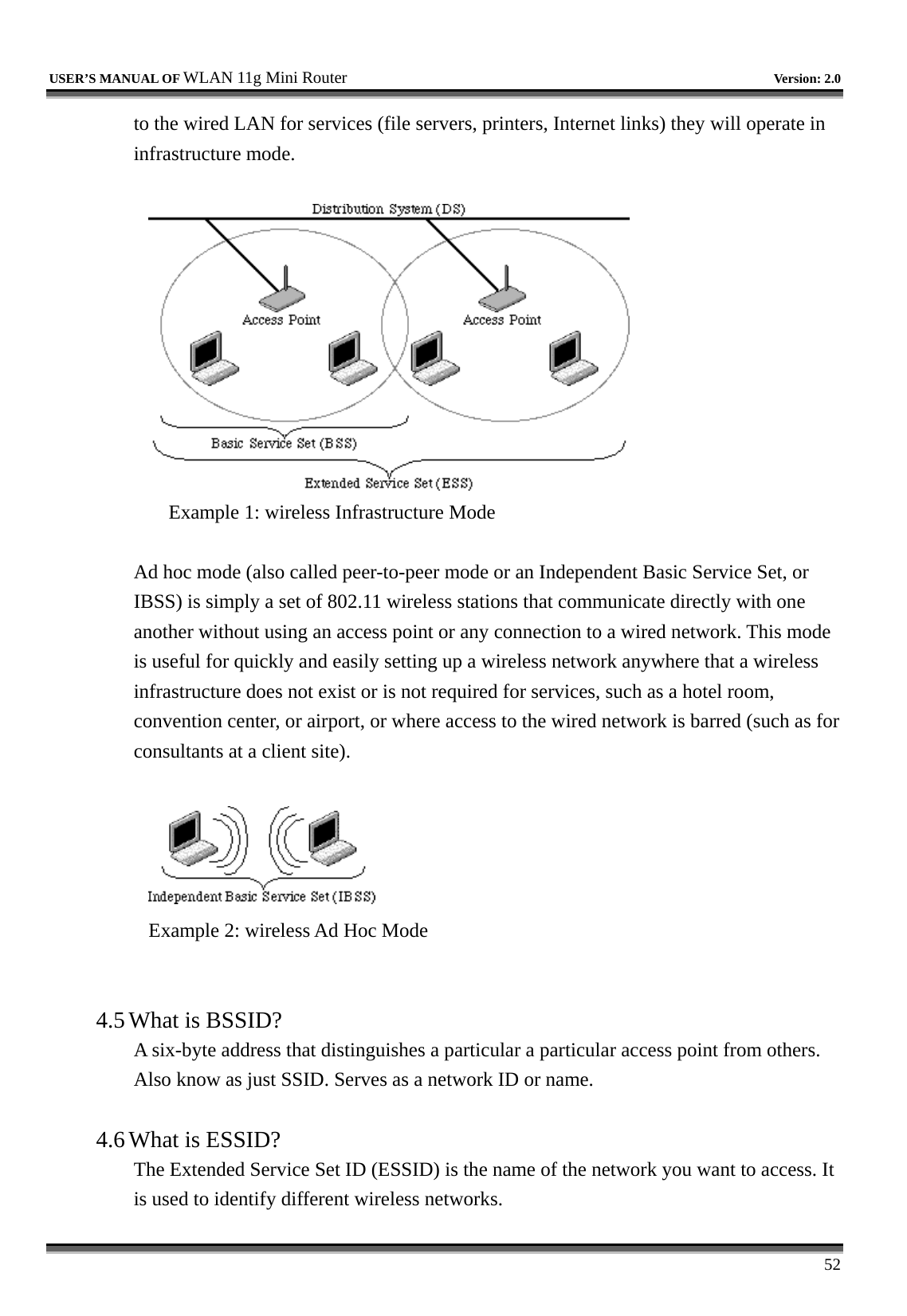   USER’S MANUAL OF WLAN 11g Mini Router   Version: 2.0     52 to the wired LAN for services (file servers, printers, Internet links) they will operate in infrastructure mode.     Example 1: wireless Infrastructure Mode  Ad hoc mode (also called peer-to-peer mode or an Independent Basic Service Set, or IBSS) is simply a set of 802.11 wireless stations that communicate directly with one another without using an access point or any connection to a wired network. This mode is useful for quickly and easily setting up a wireless network anywhere that a wireless infrastructure does not exist or is not required for services, such as a hotel room, convention center, or airport, or where access to the wired network is barred (such as for consultants at a client site).     Example 2: wireless Ad Hoc Mode   4.5 What is BSSID?   A six-byte address that distinguishes a particular a particular access point from others. Also know as just SSID. Serves as a network ID or name.    4.6 What is ESSID?   The Extended Service Set ID (ESSID) is the name of the network you want to access. It is used to identify different wireless networks.   