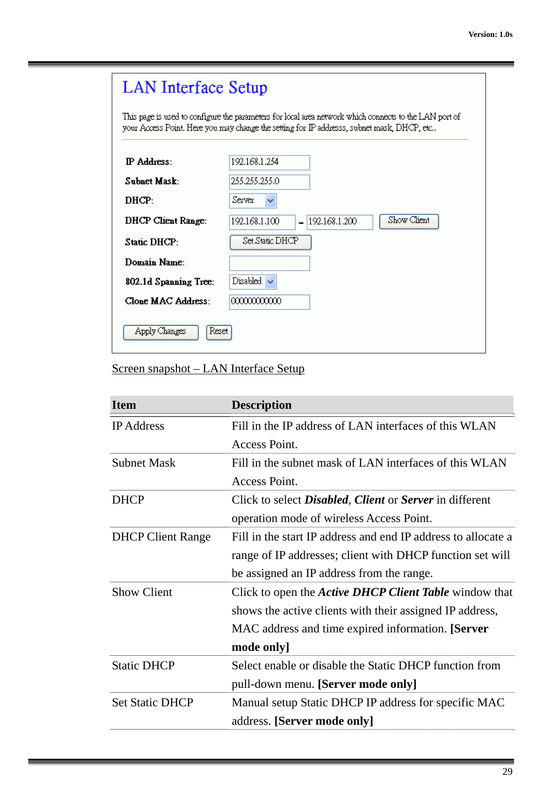    Version: 1.0s      29  Screen snapshot – LAN Interface Setup  Item  Description   IP Address  Fill in the IP address of LAN interfaces of this WLAN Access Point. Subnet Mask  Fill in the subnet mask of LAN interfaces of this WLAN Access Point. DHCP  Click to select Disabled, Client or Server in different operation mode of wireless Access Point. DHCP Client Range  Fill in the start IP address and end IP address to allocate a range of IP addresses; client with DHCP function set will be assigned an IP address from the range. Show Client  Click to open the Active DHCP Client Table window that shows the active clients with their assigned IP address, MAC address and time expired information. [Server mode only] Static DHCP Select enable or disable the Static DHCP function from pull-down menu. [Server mode only] Set Static DHCP Manual setup Static DHCP IP address for specific MAC address. [Server mode only] 