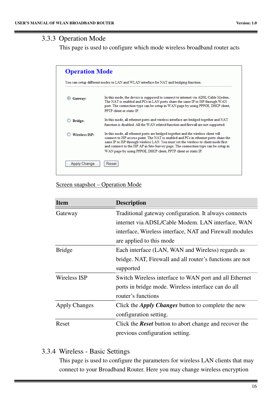   USER’S MANUAL OF WLAN BROADBAND ROUTER    Version: 1.0       16 3.3.3 Operation Mode This page is used to configure which mode wireless broadband router acts   Screen snapshot – Operation Mode  Item  Description    Gateway  Traditional gateway configuration. It always connects internet via ADSL/Cable Modem. LAN interface, WAN interface, Wireless interface, NAT and Firewall modules are applied to this mode Bridge  Each interface (LAN, WAN and Wireless) regards as bridge. NAT, Firewall and all router’s functions are not supported Wireless ISP  Switch Wireless interface to WAN port and all Ethernet ports in bridge mode. Wireless interface can do all router’s functions Apply Changes  Click the Apply Changes button to complete the new configuration setting. Reset  Click the Reset button to abort change and recover the previous configuration setting.  3.3.4 Wireless - Basic Settings This page is used to configure the parameters for wireless LAN clients that may connect to your Broadband Router. Here you may change wireless encryption 