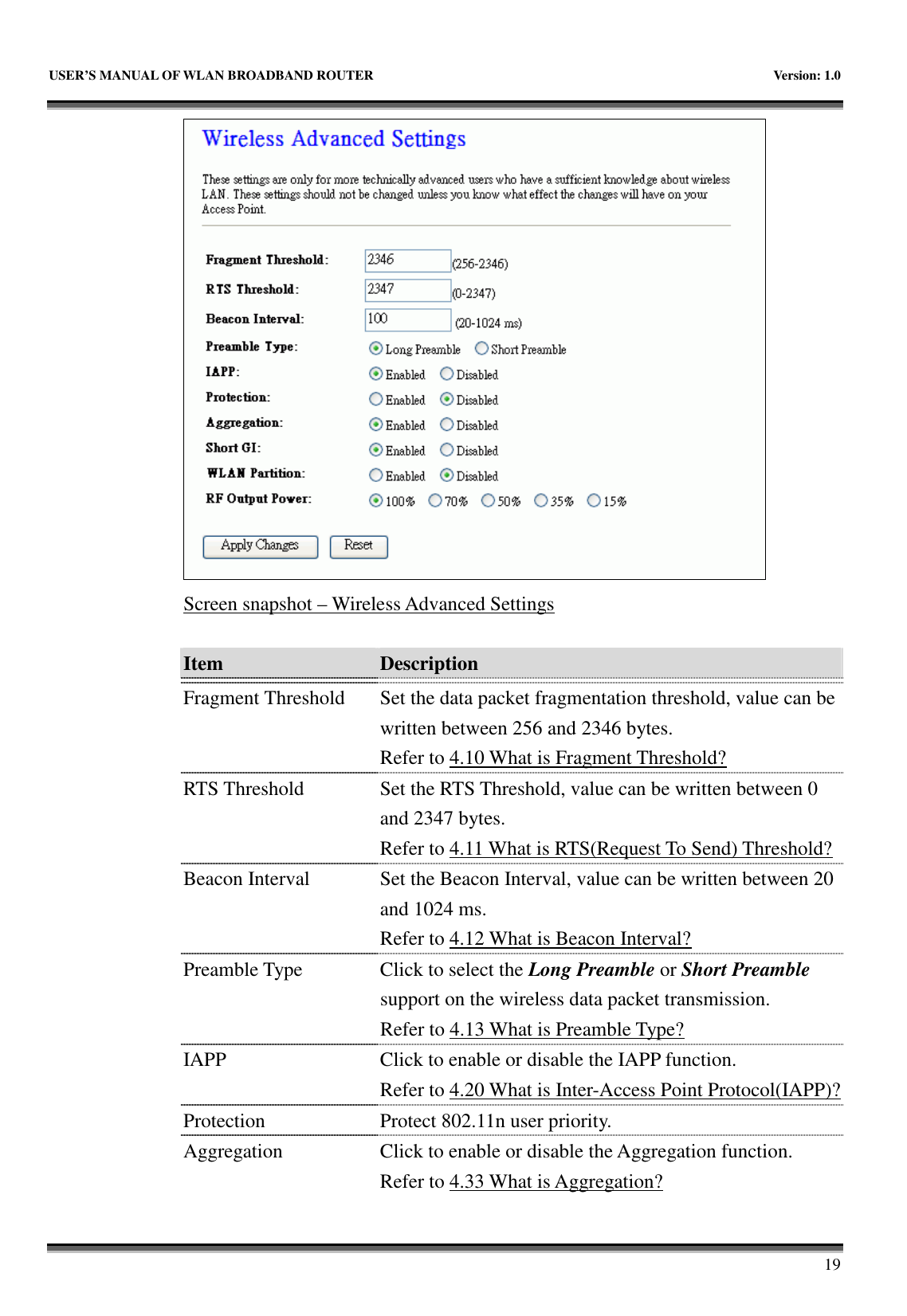   USER’S MANUAL OF WLAN BROADBAND ROUTER    Version: 1.0       19  Screen snapshot – Wireless Advanced Settings  Item  Description    Fragment Threshold  Set the data packet fragmentation threshold, value can be written between 256 and 2346 bytes. Refer to 4.10 What is Fragment Threshold? RTS Threshold  Set the RTS Threshold, value can be written between 0 and 2347 bytes. Refer to 4.11 What is RTS(Request To Send) Threshold? Beacon Interval  Set the Beacon Interval, value can be written between 20 and 1024 ms. Refer to 4.12 What is Beacon Interval? Preamble Type  Click to select the Long Preamble or Short Preamble support on the wireless data packet transmission. Refer to 4.13 What is Preamble Type?   IAPP  Click to enable or disable the IAPP function. Refer to 4.20 What is Inter-Access Point Protocol(IAPP)? Protection Protect 802.11n user priority. Aggregation  Click to enable or disable the Aggregation function. Refer to 4.33 What is Aggregation? 