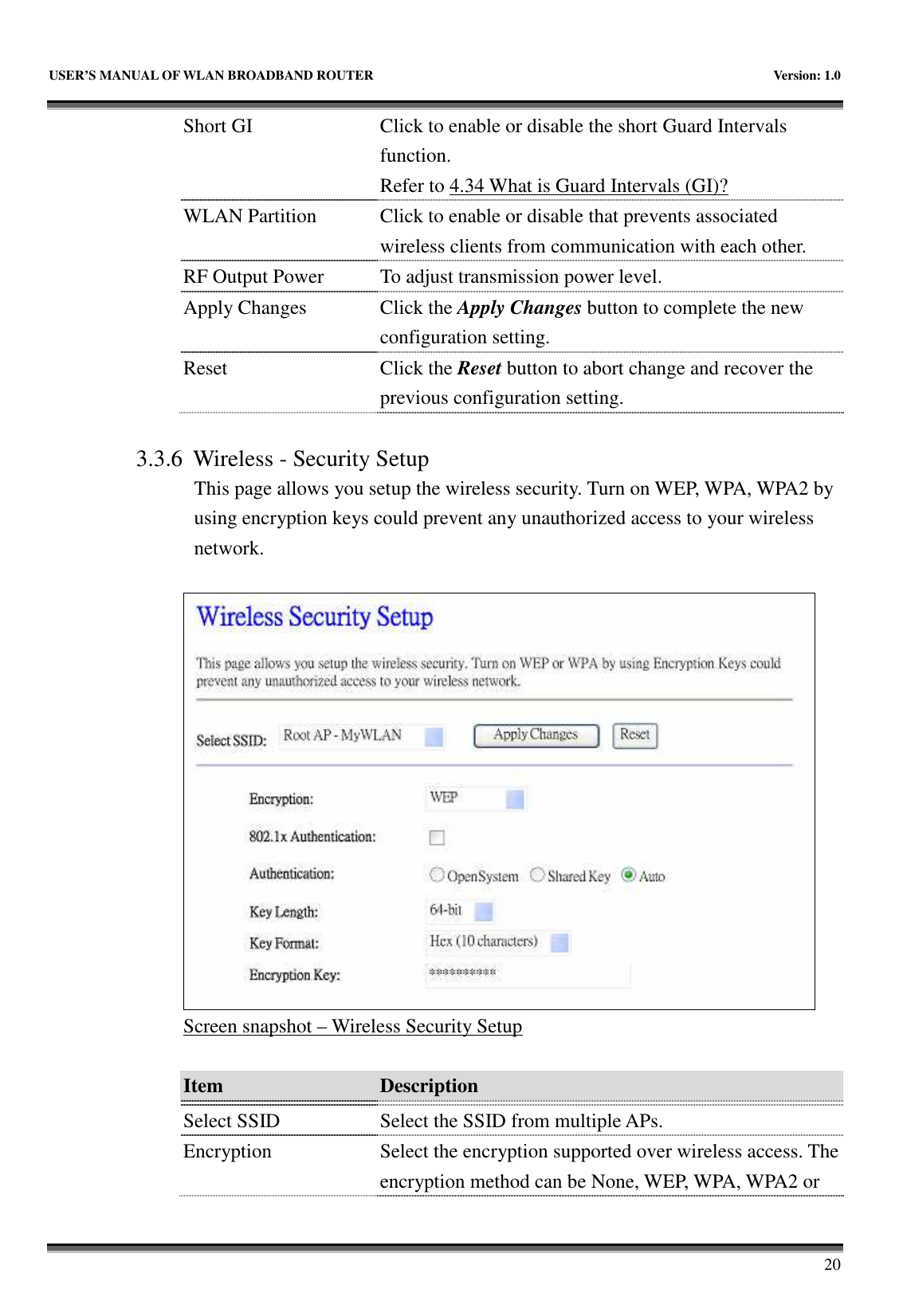   USER’S MANUAL OF WLAN BROADBAND ROUTER    Version: 1.0       20 Short GI  Click to enable or disable the short Guard Intervals function. Refer to 4.34 What is Guard Intervals (GI)? WLAN Partition  Click to enable or disable that prevents associated wireless clients from communication with each other. RF Output Power  To adjust transmission power level. Apply Changes  Click the Apply Changes button to complete the new configuration setting. Reset  Click the Reset button to abort change and recover the previous configuration setting.  3.3.6 Wireless - Security Setup This page allows you setup the wireless security. Turn on WEP, WPA, WPA2 by using encryption keys could prevent any unauthorized access to your wireless network.   Screen snapshot – Wireless Security Setup  Item  Description    Select SSID Select the SSID from multiple APs. Encryption Select the encryption supported over wireless access. The encryption method can be None, WEP, WPA, WPA2 or 