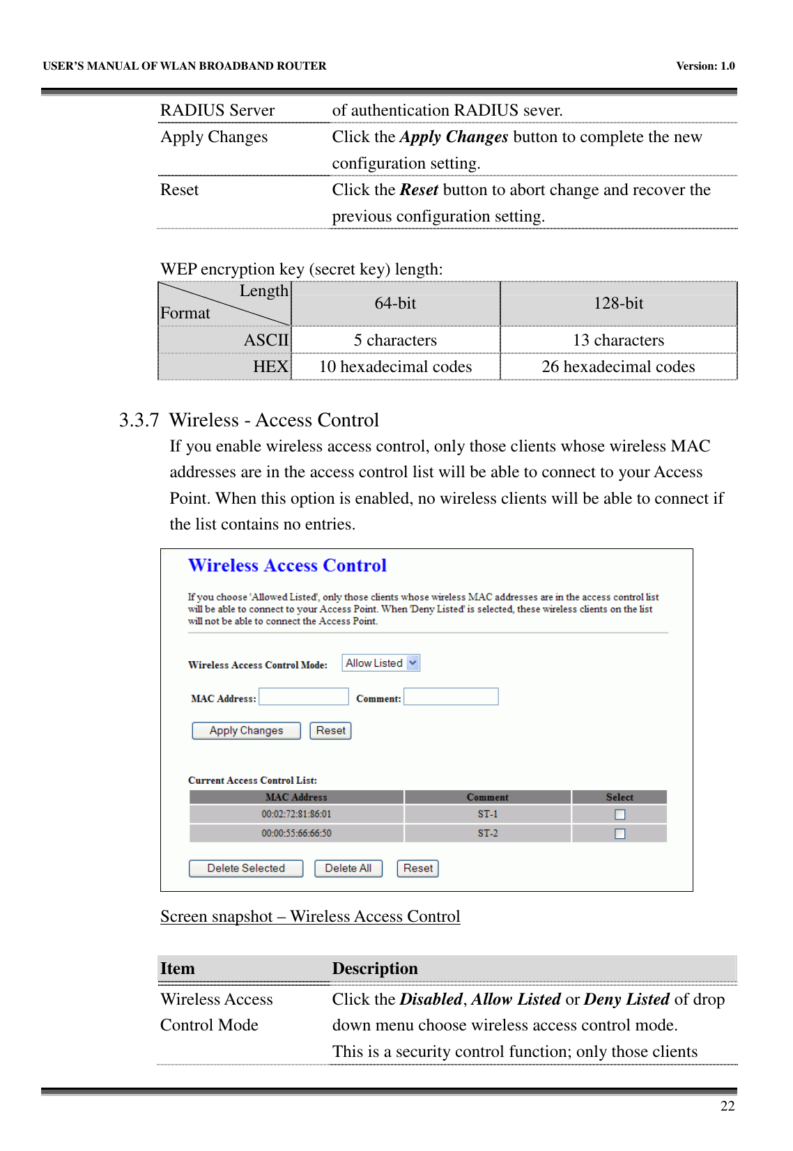   USER’S MANUAL OF WLAN BROADBAND ROUTER    Version: 1.0       22 RADIUS Server  of authentication RADIUS sever. Apply Changes  Click the Apply Changes button to complete the new configuration setting. Reset  Click the Reset button to abort change and recover the previous configuration setting.  WEP encryption key (secret key) length: Length Format  64-bit  128-bit ASCII 5 characters  13 characters HEX 10 hexadecimal codes    26 hexadecimal codes  3.3.7 Wireless - Access Control If you enable wireless access control, only those clients whose wireless MAC addresses are in the access control list will be able to connect to your Access Point. When this option is enabled, no wireless clients will be able to connect if the list contains no entries.  Screen snapshot – Wireless Access Control  Item  Description    Wireless Access Control Mode Click the Disabled, Allow Listed or Deny Listed of drop down menu choose wireless access control mode. This is a security control function; only those clients 