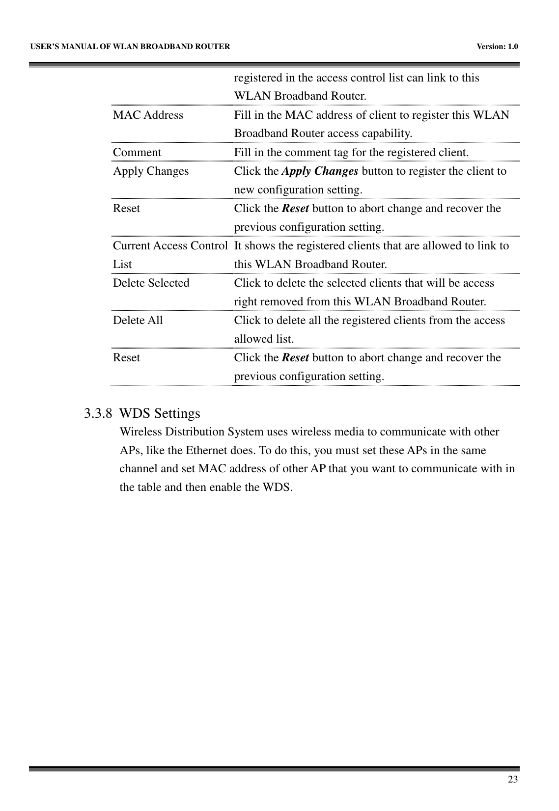   USER’S MANUAL OF WLAN BROADBAND ROUTER    Version: 1.0       23 registered in the access control list can link to this WLAN Broadband Router.   MAC Address  Fill in the MAC address of client to register this WLAN Broadband Router access capability. Comment  Fill in the comment tag for the registered client. Apply Changes  Click the Apply Changes button to register the client to new configuration setting. Reset  Click the Reset button to abort change and recover the previous configuration setting. Current Access Control List It shows the registered clients that are allowed to link to this WLAN Broadband Router. Delete Selected  Click to delete the selected clients that will be access right removed from this WLAN Broadband Router. Delete All  Click to delete all the registered clients from the access allowed list.   Reset  Click the Reset button to abort change and recover the previous configuration setting.  3.3.8 WDS Settings Wireless Distribution System uses wireless media to communicate with other APs, like the Ethernet does. To do this, you must set these APs in the same channel and set MAC address of other AP that you want to communicate with in the table and then enable the WDS.  