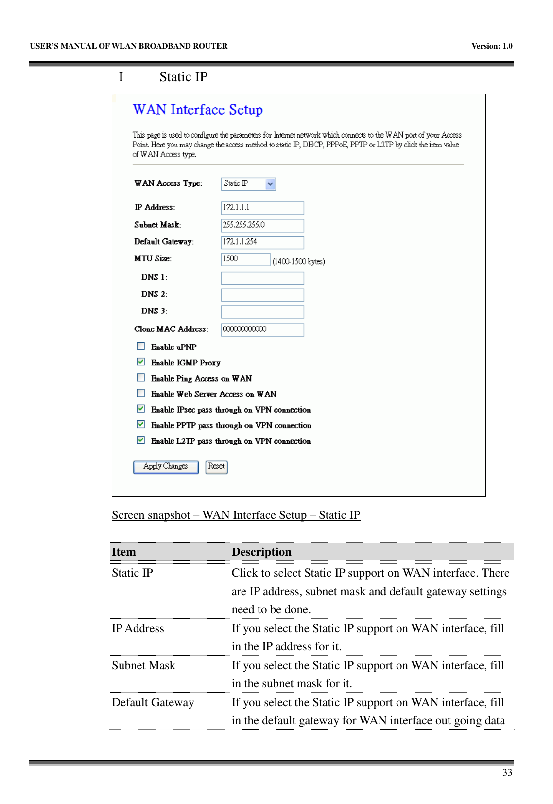   USER’S MANUAL OF WLAN BROADBAND ROUTER    Version: 1.0       33 I   Static IP  Screen snapshot – WAN Interface Setup – Static IP  Item  Description    Static IP  Click to select Static IP support on WAN interface. There are IP address, subnet mask and default gateway settings need to be done. IP Address  If you select the Static IP support on WAN interface, fill in the IP address for it. Subnet Mask  If you select the Static IP support on WAN interface, fill in the subnet mask for it. Default Gateway  If you select the Static IP support on WAN interface, fill in the default gateway for WAN interface out going data 