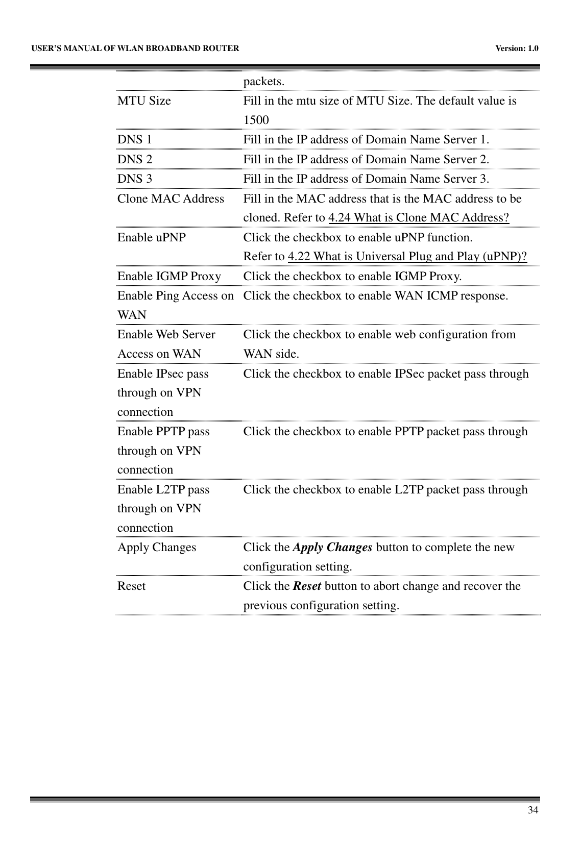   USER’S MANUAL OF WLAN BROADBAND ROUTER    Version: 1.0       34 packets. MTU Size  Fill in the mtu size of MTU Size. The default value is 1500 DNS 1  Fill in the IP address of Domain Name Server 1. DNS 2  Fill in the IP address of Domain Name Server 2. DNS 3  Fill in the IP address of Domain Name Server 3. Clone MAC Address  Fill in the MAC address that is the MAC address to be cloned. Refer to 4.24 What is Clone MAC Address? Enable uPNP  Click the checkbox to enable uPNP function. Refer to 4.22 What is Universal Plug and Play (uPNP)? Enable IGMP Proxy Click the checkbox to enable IGMP Proxy. Enable Ping Access on WAN Click the checkbox to enable WAN ICMP response. Enable Web Server Access on WAN Click the checkbox to enable web configuration from WAN side. Enable IPsec pass through on VPN connection Click the checkbox to enable IPSec packet pass through Enable PPTP pass through on VPN connection Click the checkbox to enable PPTP packet pass through Enable L2TP pass through on VPN connection Click the checkbox to enable L2TP packet pass through Apply Changes  Click the Apply Changes button to complete the new configuration setting. Reset  Click the Reset button to abort change and recover the previous configuration setting.  