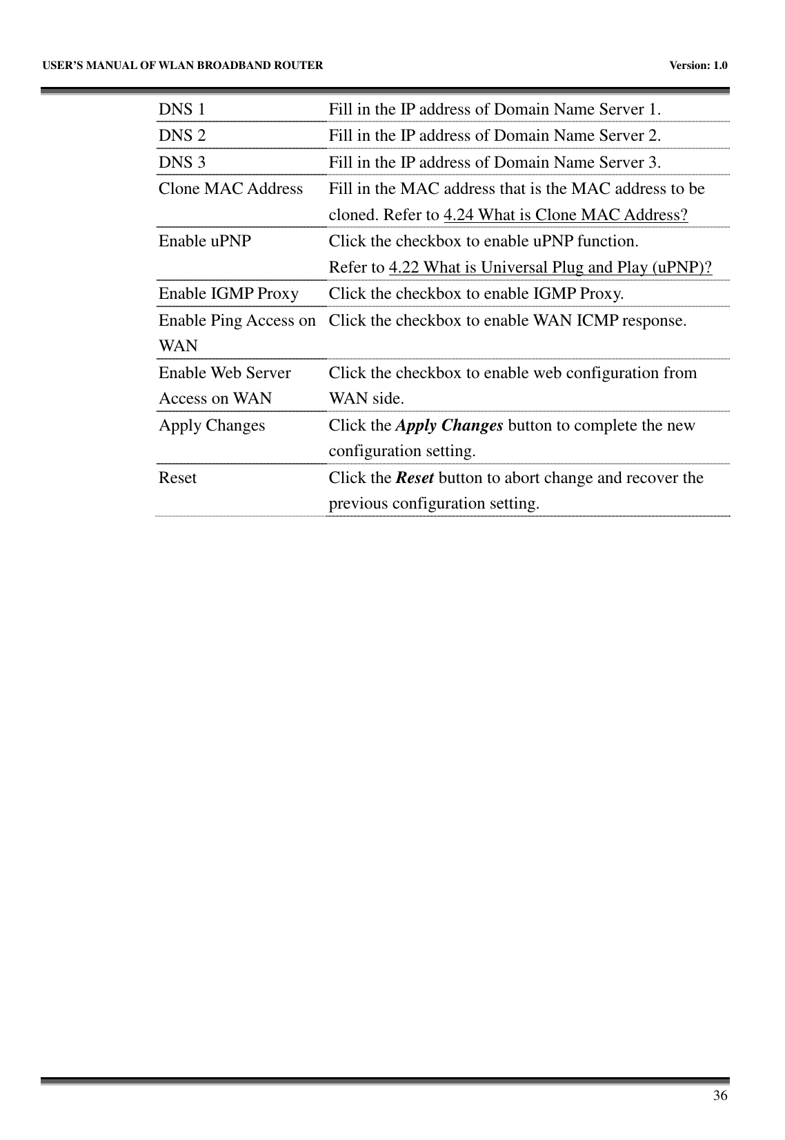   USER’S MANUAL OF WLAN BROADBAND ROUTER    Version: 1.0       36 DNS 1  Fill in the IP address of Domain Name Server 1. DNS 2  Fill in the IP address of Domain Name Server 2. DNS 3  Fill in the IP address of Domain Name Server 3. Clone MAC Address  Fill in the MAC address that is the MAC address to be cloned. Refer to 4.24 What is Clone MAC Address? Enable uPNP  Click the checkbox to enable uPNP function. Refer to 4.22 What is Universal Plug and Play (uPNP)? Enable IGMP Proxy Click the checkbox to enable IGMP Proxy. Enable Ping Access on WAN Click the checkbox to enable WAN ICMP response. Enable Web Server Access on WAN Click the checkbox to enable web configuration from WAN side. Apply Changes  Click the Apply Changes button to complete the new configuration setting. Reset  Click the Reset button to abort change and recover the previous configuration setting.  