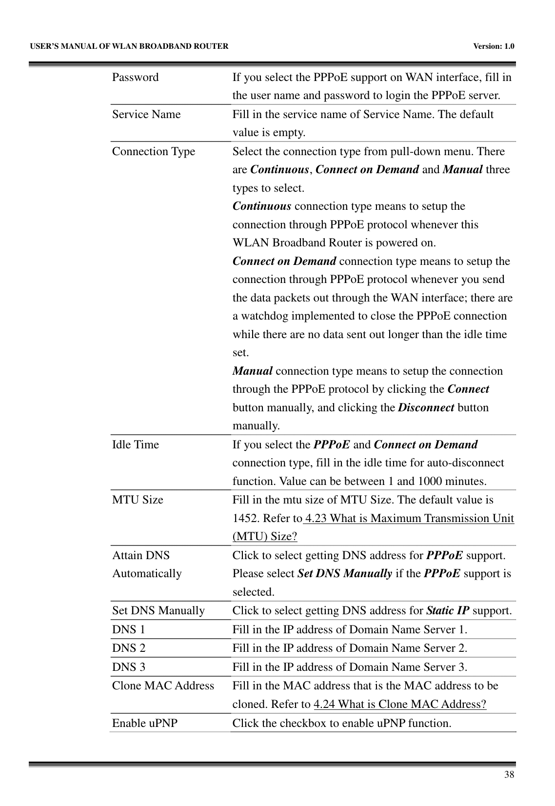   USER’S MANUAL OF WLAN BROADBAND ROUTER    Version: 1.0       38 Password  If you select the PPPoE support on WAN interface, fill in the user name and password to login the PPPoE server. Service Name  Fill in the service name of Service Name. The default value is empty. Connection Type  Select the connection type from pull-down menu. There are Continuous, Connect on Demand and Manual three types to select. Continuous connection type means to setup the connection through PPPoE protocol whenever this WLAN Broadband Router is powered on. Connect on Demand connection type means to setup the connection through PPPoE protocol whenever you send the data packets out through the WAN interface; there are a watchdog implemented to close the PPPoE connection while there are no data sent out longer than the idle time set. Manual connection type means to setup the connection through the PPPoE protocol by clicking the Connect button manually, and clicking the Disconnect button manually. Idle Time  If you select the PPPoE and Connect on Demand connection type, fill in the idle time for auto-disconnect function. Value can be between 1 and 1000 minutes. MTU Size  Fill in the mtu size of MTU Size. The default value is 1452. Refer to 4.23 What is Maximum Transmission Unit (MTU) Size? Attain DNS Automatically Click to select getting DNS address for PPPoE support. Please select Set DNS Manually if the PPPoE support is selected. Set DNS Manually  Click to select getting DNS address for Static IP support. DNS 1  Fill in the IP address of Domain Name Server 1. DNS 2  Fill in the IP address of Domain Name Server 2. DNS 3  Fill in the IP address of Domain Name Server 3. Clone MAC Address  Fill in the MAC address that is the MAC address to be cloned. Refer to 4.24 What is Clone MAC Address? Enable uPNP  Click the checkbox to enable uPNP function. 