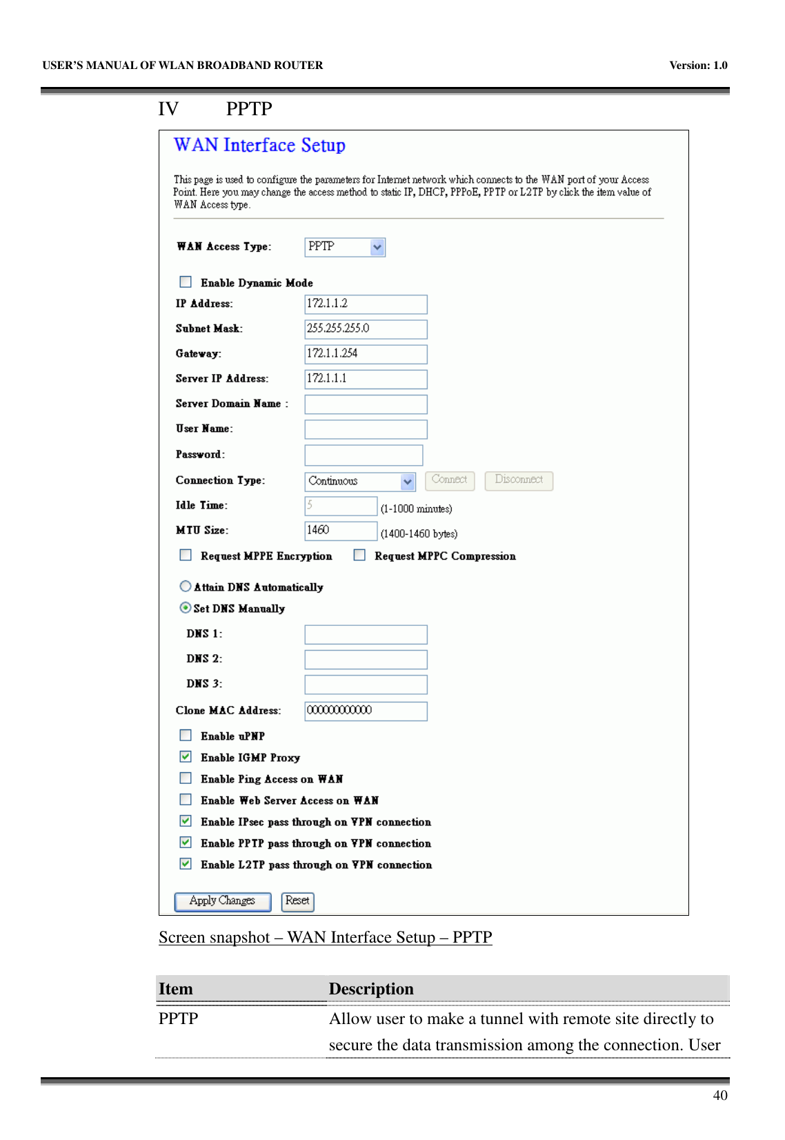   USER’S MANUAL OF WLAN BROADBAND ROUTER    Version: 1.0       40 IV   PPTP  Screen snapshot – WAN Interface Setup – PPTP  Item  Description    PPTP  Allow user to make a tunnel with remote site directly to secure the data transmission among the connection. User 