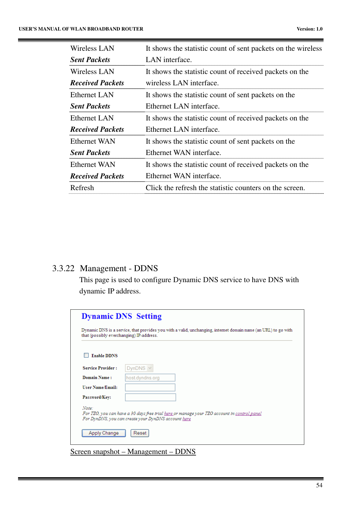   USER’S MANUAL OF WLAN BROADBAND ROUTER    Version: 1.0       54 Wireless LAN Sent Packets It shows the statistic count of sent packets on the wireless LAN interface. Wireless LAN Received Packets It shows the statistic count of received packets on the wireless LAN interface. Ethernet LAN Sent Packets It shows the statistic count of sent packets on the Ethernet LAN interface. Ethernet LAN Received Packets It shows the statistic count of received packets on the Ethernet LAN interface. Ethernet WAN Sent Packets It shows the statistic count of sent packets on the Ethernet WAN interface. Ethernet WAN Received Packets It shows the statistic count of received packets on the Ethernet WAN interface. Refresh  Click the refresh the statistic counters on the screen.       3.3.22 Management - DDNS This page is used to configure Dynamic DNS service to have DNS with dynamic IP address.   Screen snapshot – Management – DDNS  