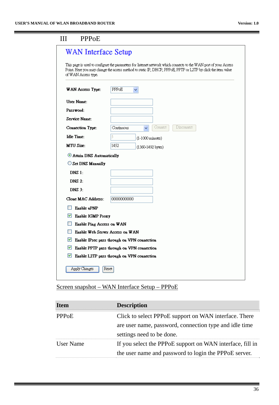   USER’S MANUAL OF WLAN BROADBAND ROUTER    Version: 1.0      36 III  PPPoE  Screen snapshot – WAN Interface Setup – PPPoE  Item  Description   PPPoE  Click to select PPPoE support on WAN interface. There are user name, password, connection type and idle time settings need to be done. User Name  If you select the PPPoE support on WAN interface, fill in the user name and password to login the PPPoE server. 