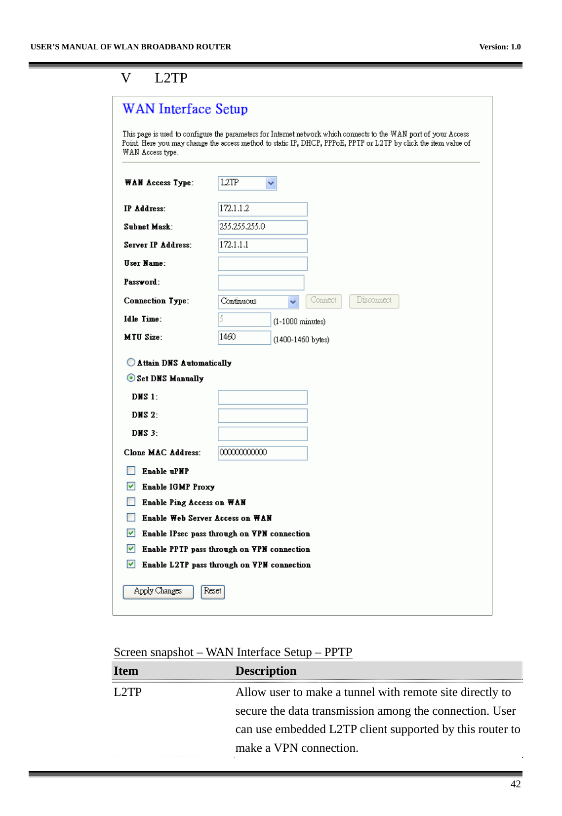   USER’S MANUAL OF WLAN BROADBAND ROUTER    Version: 1.0      42 V L2TP   Screen snapshot – WAN Interface Setup – PPTP Item  Description   L2TP  Allow user to make a tunnel with remote site directly to secure the data transmission among the connection. User can use embedded L2TP client supported by this router to make a VPN connection. 