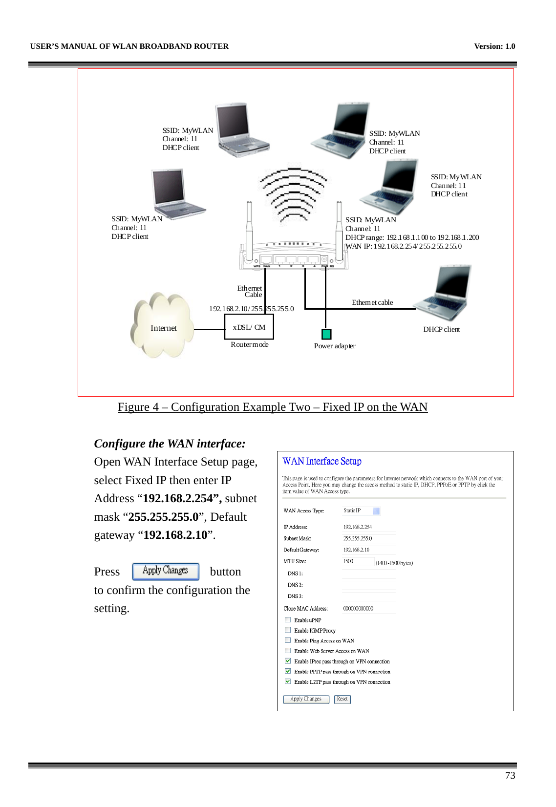  USER’S MANUAL OF WLAN BROADBAND ROUTER    Version: 1.0      73 Internet xDSL/ CMPower adapterEthernetCable Ethernet cableSS ID :  M y WL ANChannel: 11 DHC P c l ien tSSID: MyWLANChannel: 11 DHCP clientSSID: MyWLANChannel: 11 DHCP clientSSID: MyWLANChannel: 11 DHCP clientDHCP clientR ou ter m odeSSID: MyWLANCh ann el: 11DHCP range: 192.168.1.100 to 192.168.1.200WAN IP: 192.168.2.254/ 255 .255.255.01 92.1 68.2. 10 / 25 5. 25 5.25 5. 0 Figure 4 – Configuration Example Two – Fixed IP on the WAN  Configure the WAN interface: Open WAN Interface Setup page, select Fixed IP then enter IP Address “192.168.2.254”, subnet mask “255.255.255.0”, Default gateway “192.168.2.10”.  Press  button   to confirm the configuration the setting.        