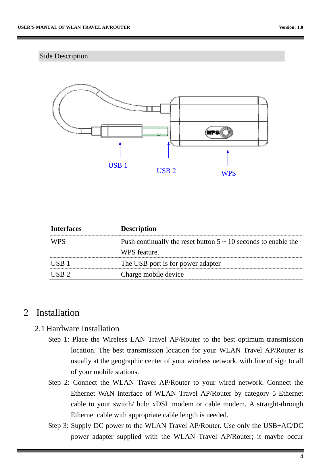   USER’S MANUAL OF WLAN TRAVEL AP/ROUTER    Version: 1.0      4  Side Description           Interfaces  Description WPS    Push continually the reset button 5 ~ 10 seconds to enable the WPS feature. USB 1    The USB port is for power adapter USB 2    Charge mobile device   2 Installation 2.1 Hardware Installation Step 1: Place the Wireless LAN Travel AP/Router to the best optimum transmission location. The best transmission location for your WLAN Travel AP/Router is usually at the geographic center of your wireless network, with line of sign to all of your mobile stations. Step 2: Connect the WLAN Travel AP/Router to your wired network. Connect the Ethernet WAN interface of WLAN Travel AP/Router by category 5 Ethernet cable to your switch/ hub/ xDSL modem or cable modem. A straight-through Ethernet cable with appropriate cable length is needed. Step 3: Supply DC power to the WLAN Travel AP/Router. Use only the USB+AC/DC power adapter supplied with the WLAN Travel AP/Router; it maybe occur WPSUSB 1  USB 2 