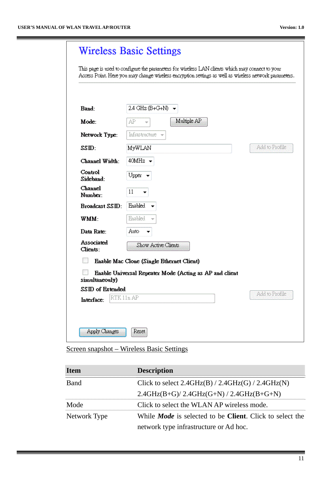   USER’S MANUAL OF WLAN TRAVEL AP/ROUTER    Version: 1.0      11  Screen snapshot – Wireless Basic Settings  Item  Description   Band  Click to select 2.4GHz(B) / 2.4GHz(G) / 2.4GHz(N) 2.4GHz(B+G)/ 2.4GHz(G+N) / 2.4GHz(B+G+N) Mode  Click to select the WLAN AP wireless mode. Network Type  While Mode is selected to be Client. Click to select the network type infrastructure or Ad hoc. 