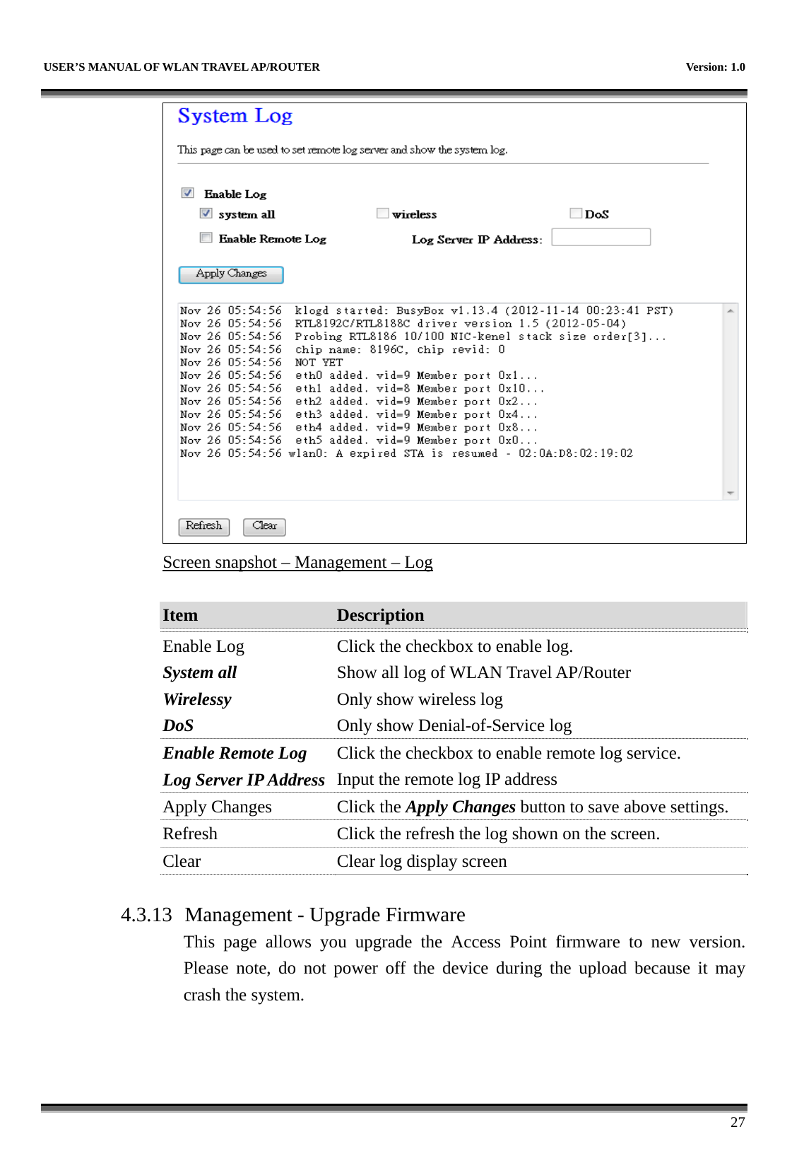   USER’S MANUAL OF WLAN TRAVEL AP/ROUTER    Version: 1.0      27  Screen snapshot – Management – Log  Item  Description   Enable Log System all Wirelessy DoS Click the checkbox to enable log. Show all log of WLAN Travel AP/Router Only show wireless log Only show Denial-of-Service log Enable Remote Log Log Server IP Address Click the checkbox to enable remote log service. Input the remote log IP address Apply Changes  Click the Apply Changes button to save above settings. Refresh  Click the refresh the log shown on the screen. Clear  Clear log display screen  4.3.13 Management - Upgrade Firmware This page allows you upgrade the Access Point firmware to new version. Please note, do not power off the device during the upload because it may crash the system.  