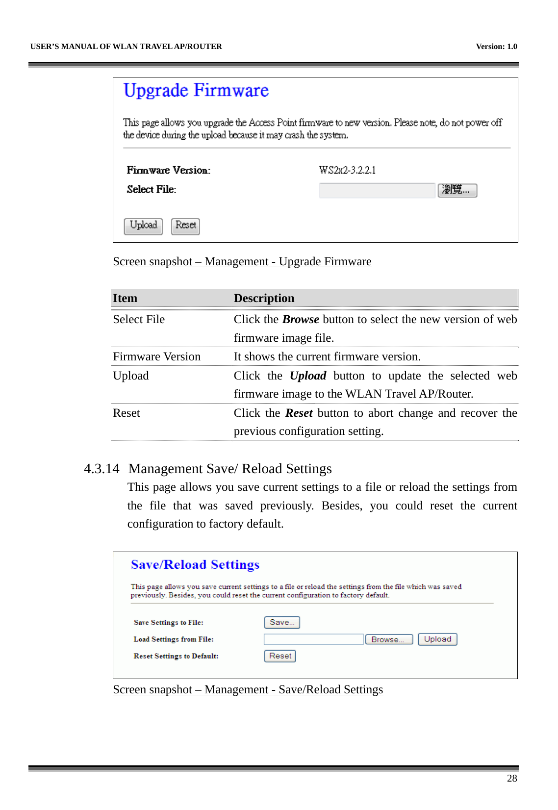   USER’S MANUAL OF WLAN TRAVEL AP/ROUTER    Version: 1.0      28  Screen snapshot – Management - Upgrade Firmware  Item  Description   Select File  Click the Browse button to select the new version of web firmware image file. Firmware Version  It shows the current firmware version. Upload Click the Upload button to update the selected web firmware image to the WLAN Travel AP/Router. Reset Click the Reset button to abort change and recover the previous configuration setting.  4.3.14 Management Save/ Reload Settings This page allows you save current settings to a file or reload the settings from the file that was saved previously. Besides, you could reset the current configuration to factory default.   Screen snapshot – Management - Save/Reload Settings   