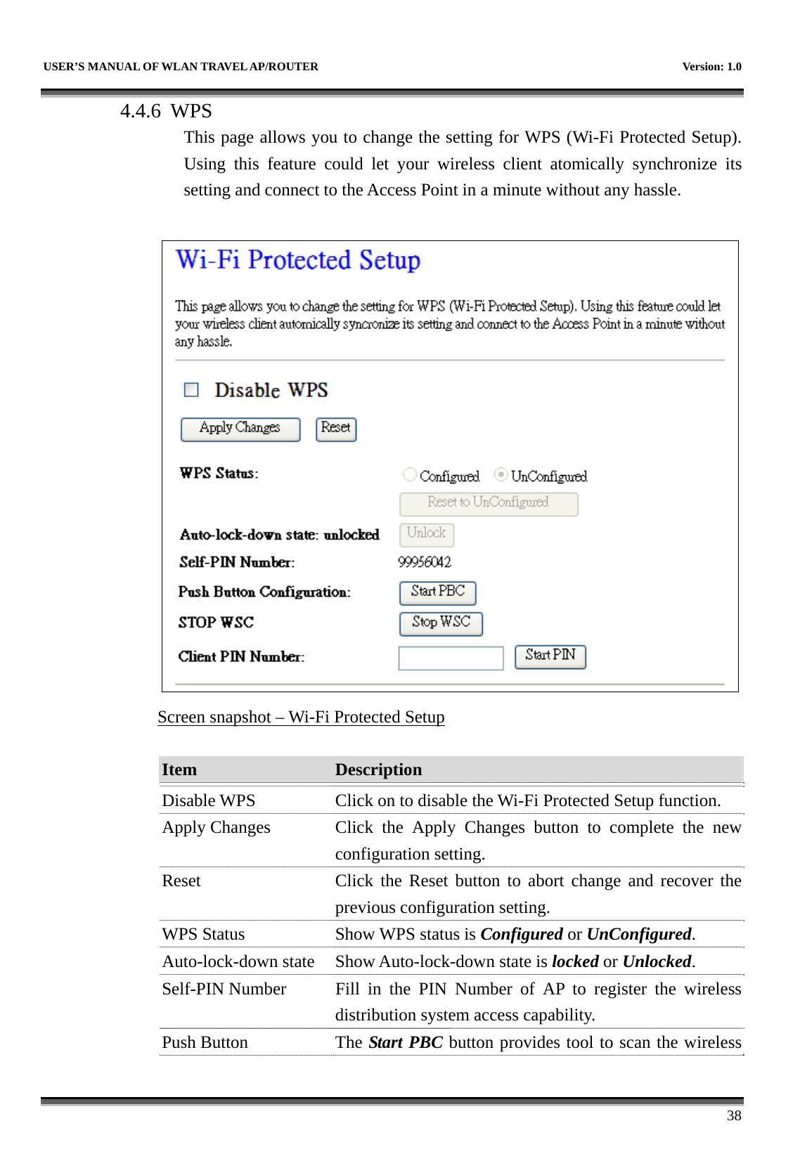   USER’S MANUAL OF WLAN TRAVEL AP/ROUTER    Version: 1.0      38 4.4.6 WPS This page allows you to change the setting for WPS (Wi-Fi Protected Setup). Using this feature could let your wireless client atomically synchronize its setting and connect to the Access Point in a minute without any hassle.     Screen snapshot – Wi-Fi Protected Setup  Item  Description   Disable WPS  Click on to disable the Wi-Fi Protected Setup function. Apply Changes  Click the Apply Changes button to complete the new configuration setting. Reset  Click the Reset button to abort change and recover the previous configuration setting. WPS Status  Show WPS status is Configured or UnConfigured. Auto-lock-down state  Show Auto-lock-down state is locked or Unlocked. Self-PIN Number  Fill in the PIN Number of AP to register the wireless distribution system access capability. Push Button  The Start PBC button provides tool to scan the wireless 