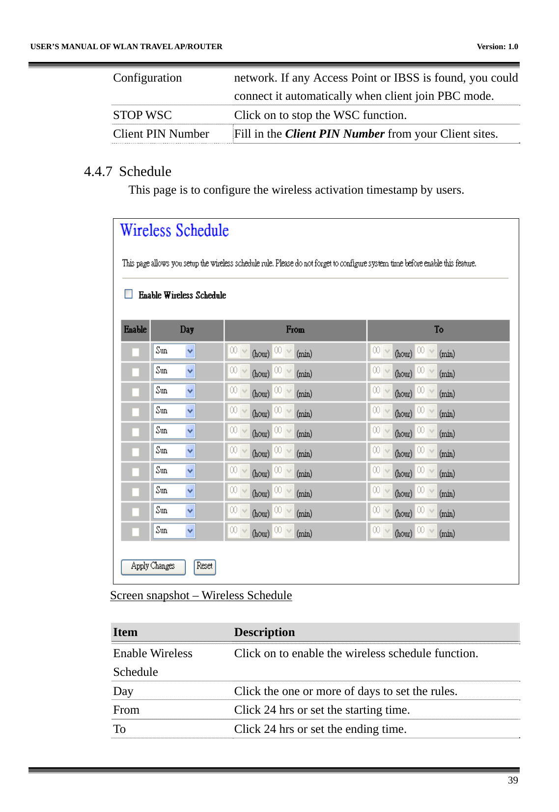   USER’S MANUAL OF WLAN TRAVEL AP/ROUTER    Version: 1.0      39 Configuration network. If any Access Point or IBSS is found, you could connect it automatically when client join PBC mode. STOP WSC  Click on to stop the WSC function. Client PIN Number  Fill in the Client PIN Number from your Client sites.  4.4.7 Schedule This page is to configure the wireless activation timestamp by users.   Screen snapshot – Wireless Schedule  Item  Description   Enable Wireless Schedule Click on to enable the wireless schedule function. Day  Click the one or more of days to set the rules. From  Click 24 hrs or set the starting time. To  Click 24 hrs or set the ending time. 