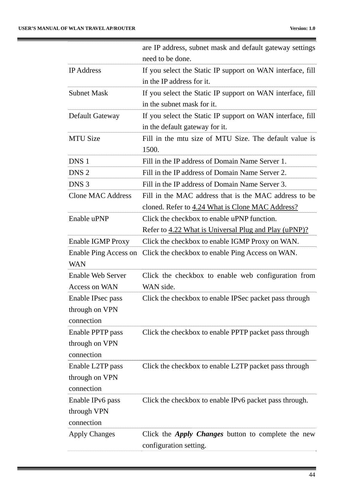   USER’S MANUAL OF WLAN TRAVEL AP/ROUTER    Version: 1.0      44 are IP address, subnet mask and default gateway settings need to be done. IP Address  If you select the Static IP support on WAN interface, fill in the IP address for it. Subnet Mask  If you select the Static IP support on WAN interface, fill in the subnet mask for it. Default Gateway  If you select the Static IP support on WAN interface, fill in the default gateway for it. MTU Size  Fill in the mtu size of MTU Size. The default value is 1500. DNS 1  Fill in the IP address of Domain Name Server 1. DNS 2  Fill in the IP address of Domain Name Server 2. DNS 3  Fill in the IP address of Domain Name Server 3. Clone MAC Address  Fill in the MAC address that is the MAC address to be cloned. Refer to 4.24 What is Clone MAC Address? Enable uPNP  Click the checkbox to enable uPNP function. Refer to 4.22 What is Universal Plug and Play (uPNP)? Enable IGMP Proxy  Click the checkbox to enable IGMP Proxy on WAN. Enable Ping Access on WAN Click the checkbox to enable Ping Access on WAN. Enable Web Server Access on WAN Click the checkbox to enable web configuration from WAN side. Enable IPsec pass through on VPN connection Click the checkbox to enable IPSec packet pass through Enable PPTP pass through on VPN connection Click the checkbox to enable PPTP packet pass through Enable L2TP pass through on VPN connection Click the checkbox to enable L2TP packet pass through Enable IPv6 pass through VPN connection Click the checkbox to enable IPv6 packet pass through. Apply Changes  Click  the  Apply Changes button to complete the new configuration setting. 