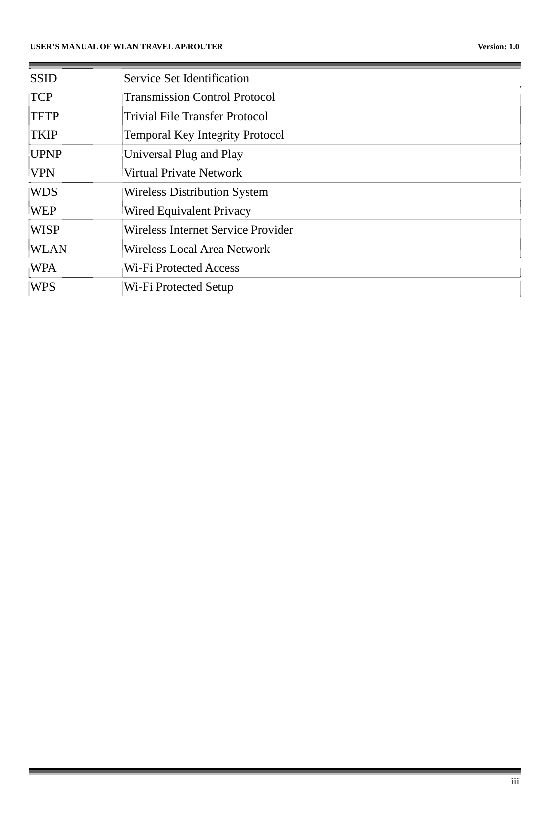   USER’S MANUAL OF WLAN TRAVEL AP/ROUTER    Version: 1.0      iii SSID  Service Set Identification TCP  Transmission Control Protocol TFTP  Trivial File Transfer Protocol TKIP  Temporal Key Integrity Protocol UPNP  Universal Plug and Play   VPN  Virtual Private Network WDS  Wireless Distribution System WEP  Wired Equivalent Privacy WISP  Wireless Internet Service Provider WLAN  Wireless Local Area Network WPA Wi-Fi Protected Access WPS  Wi-Fi Protected Setup    