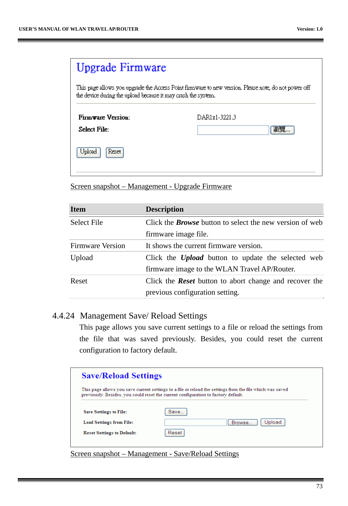   USER’S MANUAL OF WLAN TRAVEL AP/ROUTER    Version: 1.0      73   Screen snapshot – Management - Upgrade Firmware  Item  Description   Select File  Click the Browse button to select the new version of web firmware image file. Firmware Version  It shows the current firmware version. Upload Click the Upload button to update the selected web firmware image to the WLAN Travel AP/Router. Reset Click the Reset button to abort change and recover the previous configuration setting.  4.4.24 Management Save/ Reload Settings This page allows you save current settings to a file or reload the settings from the file that was saved previously. Besides, you could reset the current configuration to factory default.   Screen snapshot – Management - Save/Reload Settings  