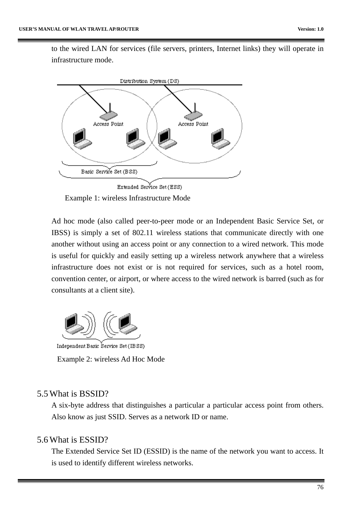   USER’S MANUAL OF WLAN TRAVEL AP/ROUTER    Version: 1.0      76 to the wired LAN for services (file servers, printers, Internet links) they will operate in infrastructure mode.     Example 1: wireless Infrastructure Mode  Ad hoc mode (also called peer-to-peer mode or an Independent Basic Service Set, or IBSS) is simply a set of 802.11 wireless stations that communicate directly with one another without using an access point or any connection to a wired network. This mode is useful for quickly and easily setting up a wireless network anywhere that a wireless infrastructure does not exist or is not required for services, such as a hotel room, convention center, or airport, or where access to the wired network is barred (such as for consultants at a client site).     Example 2: wireless Ad Hoc Mode   5.5 What is BSSID?   A six-byte address that distinguishes a particular a particular access point from others. Also know as just SSID. Serves as a network ID or name.    5.6 What is ESSID?   The Extended Service Set ID (ESSID) is the name of the network you want to access. It is used to identify different wireless networks.   