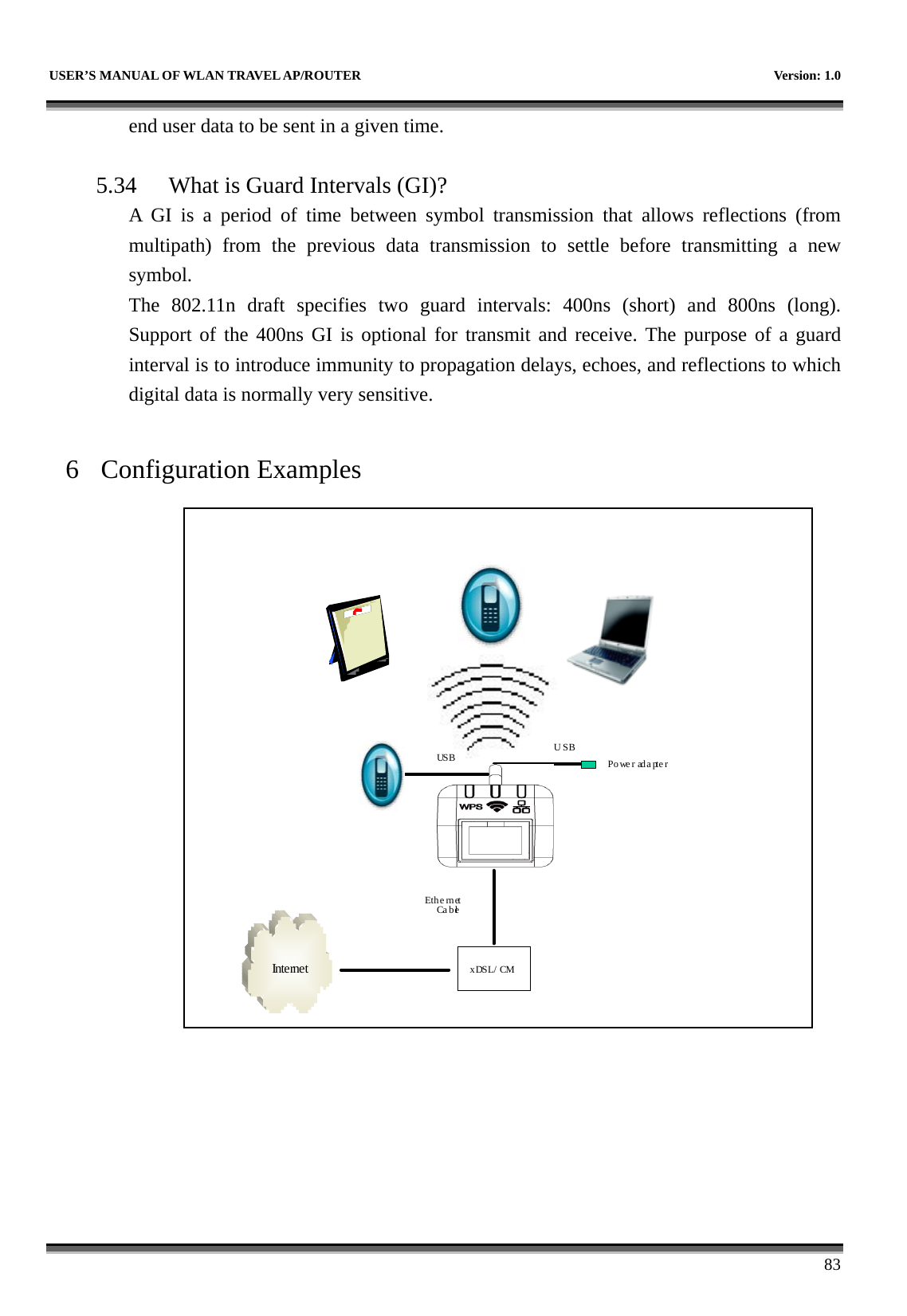   USER’S MANUAL OF WLAN TRAVEL AP/ROUTER    Version: 1.0      83 end user data to be sent in a given time.  5.34 What is Guard Intervals (GI)? A GI is a period of time between symbol transmission that allows reflections (from multipath) from the previous data transmission to settle before transmitting a new symbol. The 802.11n draft specifies two guard intervals: 400ns (short) and 800ns (long).  Support of the 400ns GI is optional for transmit and receive. The purpose of a guard interval is to introduce immunity to propagation delays, echoes, and reflections to which digital data is normally very sensitive.  6 Configuration Examples Power adapterxDSL/ CMEth e rnetCa b leInternetUSBUS B       