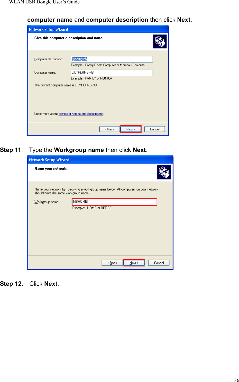 WLAN USB Dongle User’s Guide36computer name and computer description then click Next.Step 11.  Type the Workgroup name then click Next.Step 12.  Click Next.