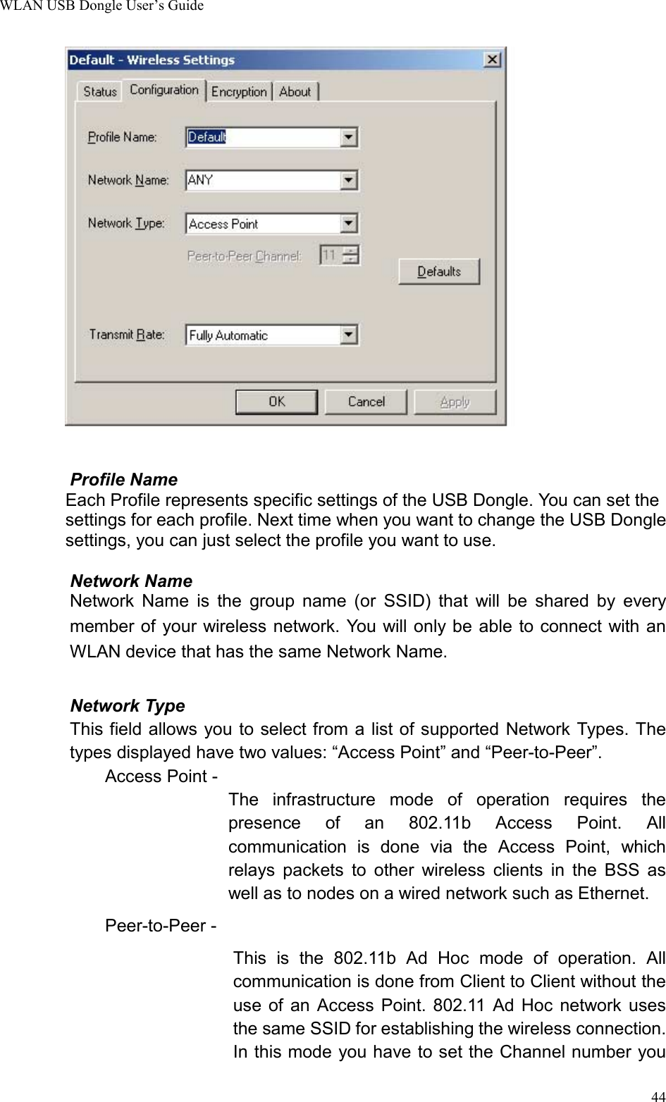 WLAN USB Dongle User’s Guide44Profile NameEach Profile represents specific settings of the USB Dongle. You can set thesettings for each profile. Next time when you want to change the USB Donglesettings, you can just select the profile you want to use.Network Name        Network Name is the group name (or SSID) that will be shared by everymember of your wireless network. You will only be able to connect with anWLAN device that has the same Network Name.Network Type        This field allows you to select from a list of supported Network Types. Thetypes displayed have two values: “Access Point” and “Peer-to-Peer”.Access Point -The infrastructure mode of operation requires thepresence of an 802.11b Access Point. Allcommunication is done via the Access Point, whichrelays packets to other wireless clients in the BSS aswell as to nodes on a wired network such as Ethernet.Peer-to-Peer -This is the 802.11b Ad Hoc mode of operation. Allcommunication is done from Client to Client without theuse of an Access Point. 802.11 Ad Hoc network usesthe same SSID for establishing the wireless connection.In this mode you have to set the Channel number you