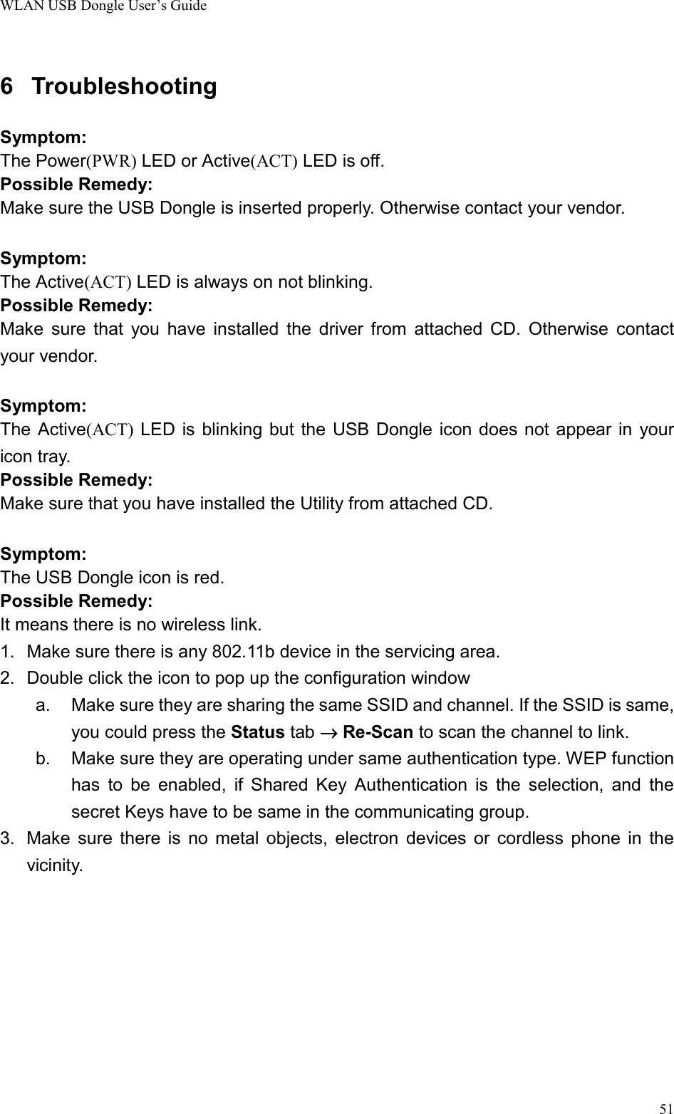 WLAN USB Dongle User’s Guide516 TroubleshootingSymptom:The Power(PWR) LED or Active(ACT) LED is off.Possible Remedy:Make sure the USB Dongle is inserted properly. Otherwise contact your vendor.Symptom:The Active(ACT) LED is always on not blinking.Possible Remedy:Make sure that you have installed the driver from attached CD. Otherwise contactyour vendor.Symptom:The Active(ACT) LED is blinking but the USB Dongle icon does not appear in youricon tray.Possible Remedy:Make sure that you have installed the Utility from attached CD.Symptom:The USB Dongle icon is red.Possible Remedy:It means there is no wireless link.1.  Make sure there is any 802.11b device in the servicing area.2.  Double click the icon to pop up the configuration windowa.  Make sure they are sharing the same SSID and channel. If the SSID is same,you could press the Status tab →→→→ Re-Scan to scan the channel to link.b.  Make sure they are operating under same authentication type. WEP functionhas to be enabled, if Shared Key Authentication is the selection, and thesecret Keys have to be same in the communicating group.3.  Make sure there is no metal objects, electron devices or cordless phone in thevicinity.       