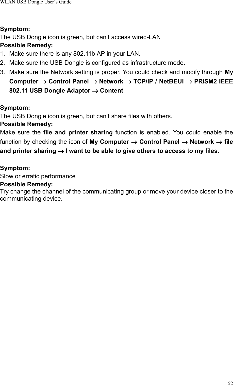 WLAN USB Dongle User’s Guide52Symptom:The USB Dongle icon is green, but can’t access wired-LANPossible Remedy:1.  Make sure there is any 802.11b AP in your LAN.2.  Make sure the USB Dongle is configured as infrastructure mode.3.  Make sure the Network setting is proper. You could check and modify through MyComputer →→→→ Control Panel →→→→ Network →→→→ TCP/IP / NetBEUI →→→→ PRISM2 IEEE802.11 USB Dongle Adaptor →→→→ Content.Symptom:The USB Dongle icon is green, but can’t share files with others.Possible Remedy:Make sure the file and printer sharing function is enabled. You could enable thefunction by checking the icon of My Computer →→→→ Control Panel →→→→ Network →→→→ fileand printer sharing →→→→ I want to be able to give others to access to my files.Symptom:Slow or erratic performancePossible Remedy:Try change the channel of the communicating group or move your device closer to thecommunicating device.