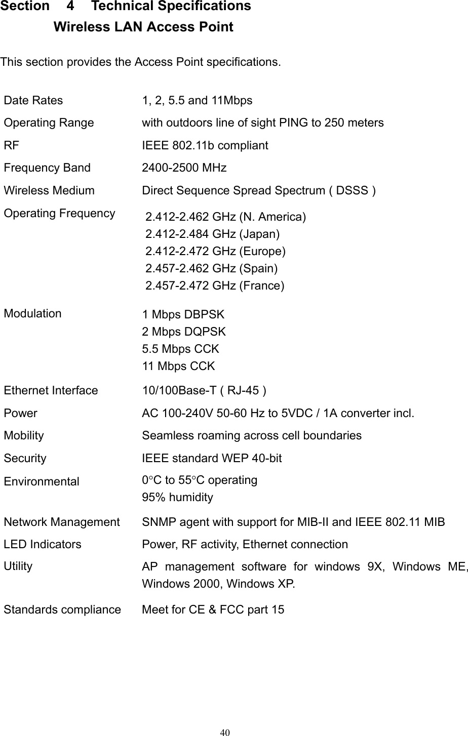   40 Section  4  Technical Specifications  Wireless LAN Access Point  This section provides the Access Point specifications.  Date Rates  1, 2, 5.5 and 11Mbps Operating Range  with outdoors line of sight PING to 250 meters RF    IEEE 802.11b compliant Frequency Band  2400-2500 MHz Wireless Medium  Direct Sequence Spread Spectrum ( DSSS ) Operating Frequency  2.412-2.462 GHz (N. America) 2.412-2.484 GHz (Japan) 2.412-2.472 GHz (Europe) 2.457-2.462 GHz (Spain) 2.457-2.472 GHz (France) Modulation  1 Mbps DBPSK 2 Mbps DQPSK 5.5 Mbps CCK 11 Mbps CCK Ethernet Interface  10/100Base-T ( RJ-45 ) Power  AC 100-240V 50-60 Hz to 5VDC / 1A converter incl. Mobility  Seamless roaming across cell boundaries Security  IEEE standard WEP 40-bit Environmental  0°C to 55°C operating 95% humidity Network Management  SNMP agent with support for MIB-II and IEEE 802.11 MIB LED Indicators  Power, RF activity, Ethernet connection   Utility  AP management software for windows 9X, Windows ME, Windows 2000, Windows XP. Standards compliance  Meet for CE &amp; FCC part 15      
