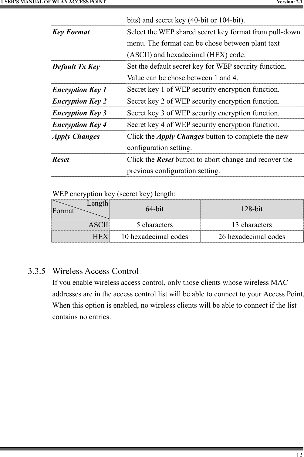   USER’S MANUAL OF WLAN ACCESS POINT    Version: 2.1     12 bits) and secret key (40-bit or 104-bit). Key Format Select the WEP shared secret key format from pull-down menu. The format can be chose between plant text (ASCII) and hexadecimal (HEX) code. Default Tx Key Set the default secret key for WEP security function. Value can be chose between 1 and 4. Encryption Key 1 Secret key 1 of WEP security encryption function. Encryption Key 2  Secret key 2 of WEP security encryption function. Encryption Key 3  Secret key 3 of WEP security encryption function. Encryption Key 4  Secret key 4 of WEP security encryption function. Apply Changes Click the Apply Changes button to complete the new configuration setting. Reset  Click the Reset button to abort change and recover the previous configuration setting.  WEP encryption key (secret key) length: Length Format  64-bit  128-bit ASCII  5 characters  13 characters HEX  10 hexadecimal codes  26 hexadecimal codes   3.3.5 Wireless Access Control If you enable wireless access control, only those clients whose wireless MAC addresses are in the access control list will be able to connect to your Access Point. When this option is enabled, no wireless clients will be able to connect if the list contains no entries. 
