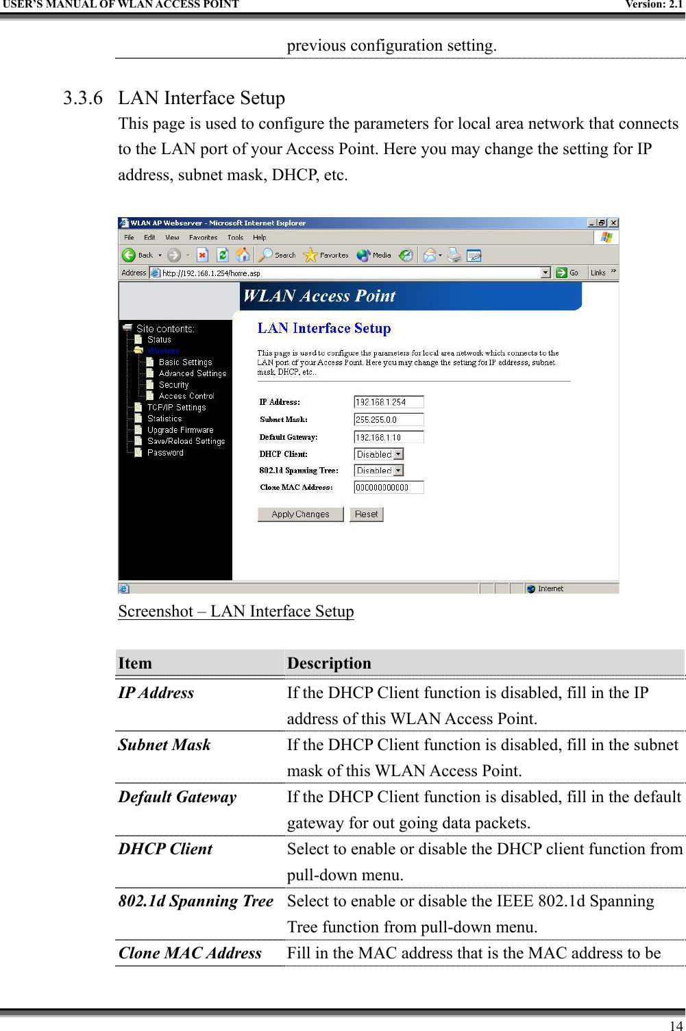   USER’S MANUAL OF WLAN ACCESS POINT    Version: 2.1     14 previous configuration setting.  3.3.6  LAN Interface Setup This page is used to configure the parameters for local area network that connects to the LAN port of your Access Point. Here you may change the setting for IP address, subnet mask, DHCP, etc.   Screenshot – LAN Interface Setup  Item  Description   IP Address If the DHCP Client function is disabled, fill in the IP address of this WLAN Access Point. Subnet Mask If the DHCP Client function is disabled, fill in the subnet mask of this WLAN Access Point. Default Gateway If the DHCP Client function is disabled, fill in the default gateway for out going data packets. DHCP Client  Select to enable or disable the DHCP client function from pull-down menu. 802.1d Spanning Tree Select to enable or disable the IEEE 802.1d Spanning Tree function from pull-down menu. Clone MAC Address  Fill in the MAC address that is the MAC address to be 