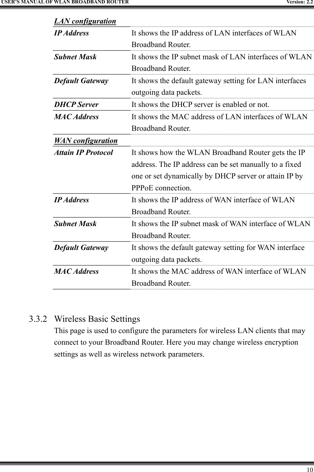   USER’S MANUAL OF WLAN BROADBAND ROUTER    Version: 2.2     10 LAN configuration  IP Address It shows the IP address of LAN interfaces of WLAN Broadband Router. Subnet Mask It shows the IP subnet mask of LAN interfaces of WLAN Broadband Router. Default Gateway It shows the default gateway setting for LAN interfaces outgoing data packets. DHCP Server  It shows the DHCP server is enabled or not. MAC Address It shows the MAC address of LAN interfaces of WLAN Broadband Router. WAN configuration  Attain IP Protocol It shows how the WLAN Broadband Router gets the IP address. The IP address can be set manually to a fixed one or set dynamically by DHCP server or attain IP by PPPoE connection. IP Address It shows the IP address of WAN interface of WLAN Broadband Router. Subnet Mask It shows the IP subnet mask of WAN interface of WLAN Broadband Router. Default Gateway It shows the default gateway setting for WAN interface outgoing data packets. MAC Address It shows the MAC address of WAN interface of WLAN Broadband Router.   3.3.2  Wireless Basic Settings This page is used to configure the parameters for wireless LAN clients that may connect to your Broadband Router. Here you may change wireless encryption settings as well as wireless network parameters.  
