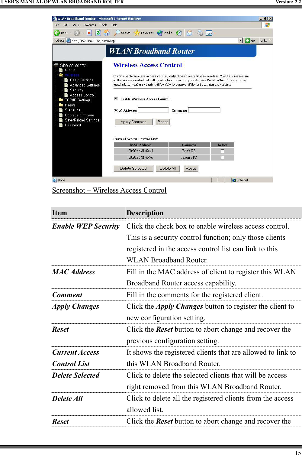   USER’S MANUAL OF WLAN BROADBAND ROUTER    Version: 2.2     15  Screenshot – Wireless Access Control  Item  Description   Enable WEP Security Click the check box to enable wireless access control. This is a security control function; only those clients registered in the access control list can link to this WLAN Broadband Router.   MAC Address Fill in the MAC address of client to register this WLAN Broadband Router access capability. Comment Fill in the comments for the registered client. Apply Changes Click the Apply Changes button to register the client to new configuration setting. Reset  Click the Reset button to abort change and recover the previous configuration setting. Current Access Control List It shows the registered clients that are allowed to link to this WLAN Broadband Router. Delete Selected  Click to delete the selected clients that will be access right removed from this WLAN Broadband Router. Delete All  Click to delete all the registered clients from the access allowed list.   Reset  Click the Reset button to abort change and recover the 
