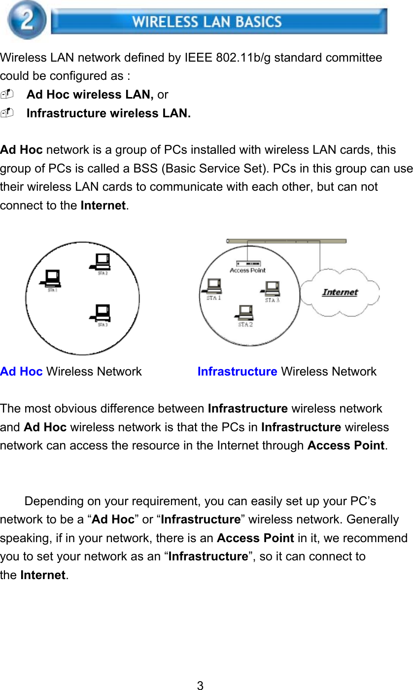 Wireless LAN network defined by IEEE 802.11b/g standard committee could be configured as :  Ad Hoc wireless LAN, or  Infrastructure wireless LAN.  Ad Hoc network is a group of PCs installed with wireless LAN cards, this group of PCs is called a BSS (Basic Service Set). PCs in this group can use their wireless LAN cards to communicate with each other, but can not connect to the Internet.  Ad Hoc Wireless Network         Infrastructure Wireless Network  The most obvious difference between Infrastructure wireless network and Ad Hoc wireless network is that the PCs in Infrastructure wireless network can access the resource in the Internet through Access Point.   Depending on your requirement, you can easily set up your PC’s network to be a “Ad Hoc” or “Infrastructure” wireless network. Generally speaking, if in your network, there is an Access Point in it, we recommend you to set your network as an “Infrastructure”, so it can connect to the Internet.      3 