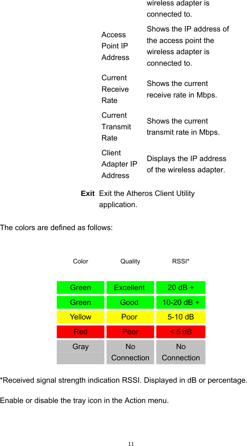     11wireless adapter is connected to. Access Point IP Address Shows the IP address of the access point the wireless adapter is connected to. Current Receive Rate Shows the current receive rate in Mbps. Current Transmit Rate Shows the current transmit rate in Mbps. Client Adapter IP Address Displays the IP address of the wireless adapter.  Exit Exit the Atheros Client Utility application. The colors are defined as follows: Color Quality RSSI* Green   Excellent   20 dB + Green   Good   10-20 dB + Yellow   Poor   5-10 dB Red   Poor  &lt; 5 dB Gray   No Connection No Connection *Received signal strength indication RSSI. Displayed in dB or percentage. Enable or disable the tray icon in the Action menu. 