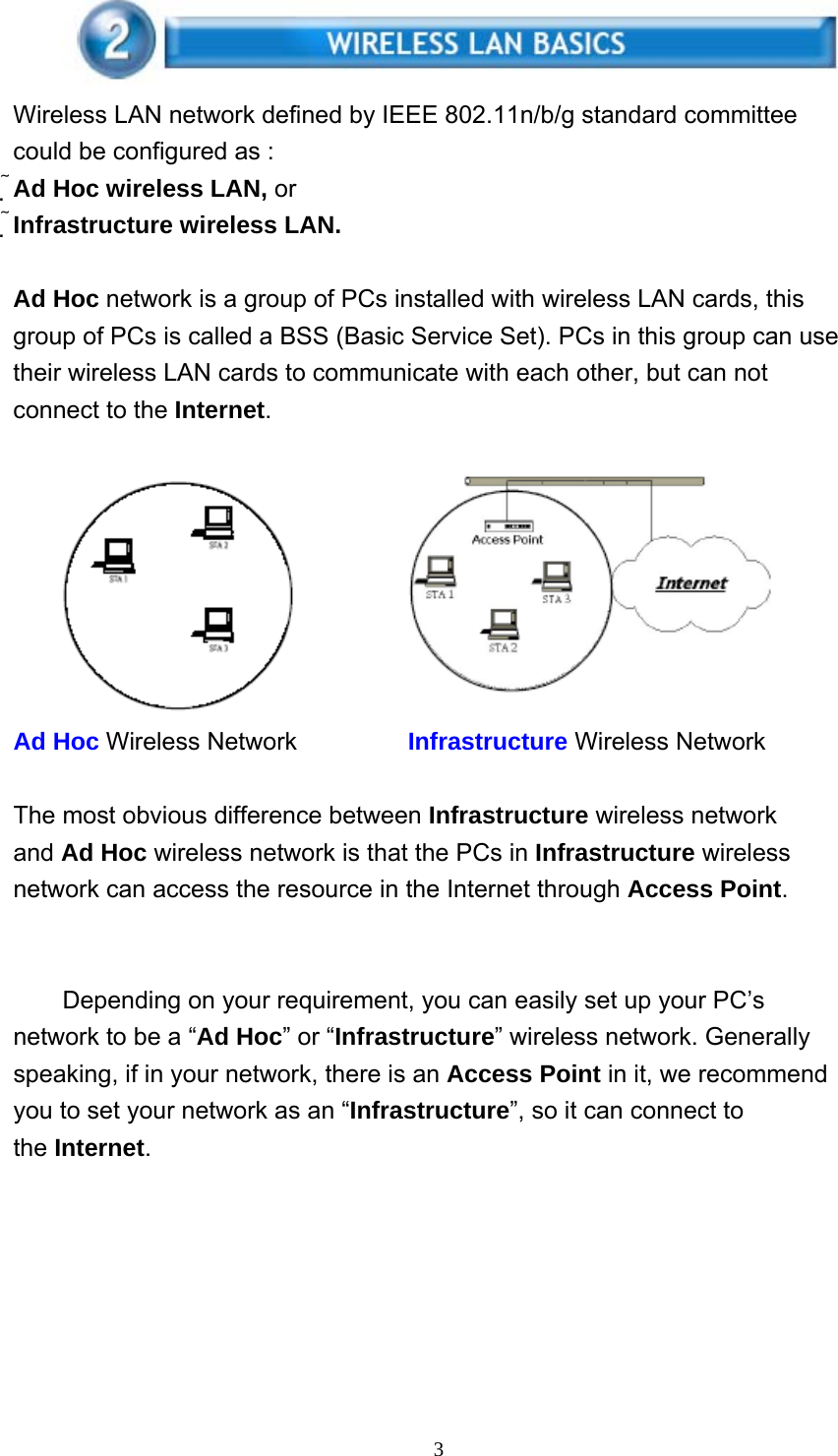     3   Wireless LAN network defined by IEEE 802.11n/b/g standard committee could be configured as : Ad Hoc wireless LAN, or Infrastructure wireless LAN.  Ad Hoc network is a group of PCs installed with wireless LAN cards, this group of PCs is called a BSS (Basic Service Set). PCs in this group can use their wireless LAN cards to communicate with each other, but can not connect to the Internet.  Ad Hoc Wireless Network         Infrastructure Wireless Network  The most obvious difference between Infrastructure wireless network and Ad Hoc wireless network is that the PCs in Infrastructure wireless network can access the resource in the Internet through Access Point.   Depending on your requirement, you can easily set up your PC’s network to be a “Ad Hoc” or “Infrastructure” wireless network. Generally speaking, if in your network, there is an Access Point in it, we recommend you to set your network as an “Infrastructure”, so it can connect to the Internet.       