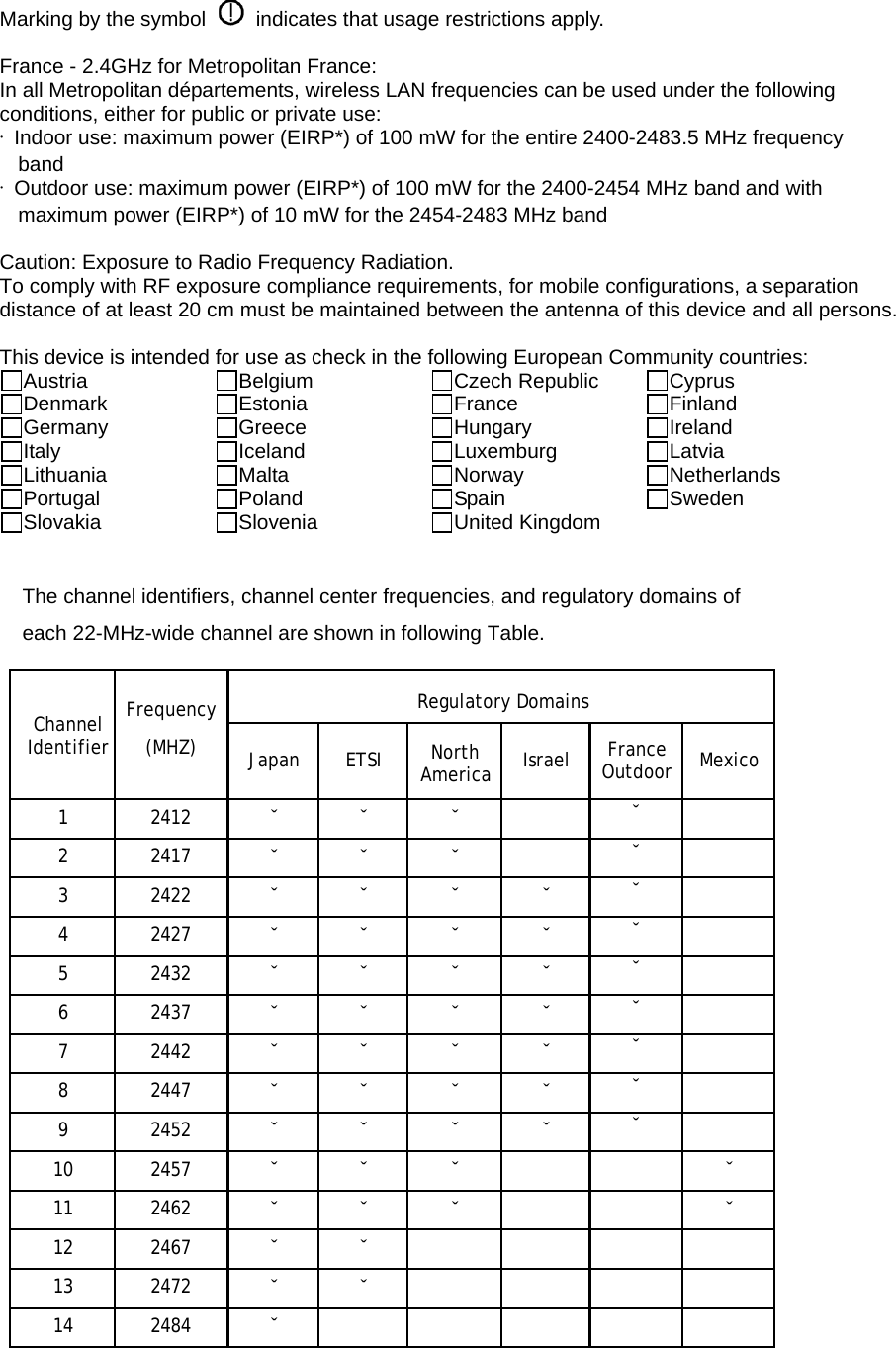  Marking by the symbol    indicates that usage restrictions apply.  France - 2.4GHz for Metropolitan France: In all Metropolitan départements, wireless LAN frequencies can be used under the following conditions, either for public or private use: ·  Indoor use: maximum power (EIRP*) of 100 mW for the entire 2400-2483.5 MHz frequency band ·  Outdoor use: maximum power (EIRP*) of 100 mW for the 2400-2454 MHz band and with maximum power (EIRP*) of 10 mW for the 2454-2483 MHz band  Caution: Exposure to Radio Frequency Radiation. To comply with RF exposure compliance requirements, for mobile configurations, a separation distance of at least 20 cm must be maintained between the antenna of this device and all persons.  This device is intended for use as check in the following European Community countries: Austria  Belgium  Czech Republic  Cyprus Denmark  Estonia  France  Finland Germany  Greece  Hungary  Ireland Italy  Iceland  Luxemburg  Latvia Lithuania  Malta  Norway  Netherlands Portugal  Poland  Spain  Sweden Slovakia  Slovenia  United Kingdom    The channel identifiers, channel center frequencies, and regulatory domains of each 22-MHz-wide channel are shown in following Table.   Regulatory Domains Channel Identifier Frequency  (MHZ) Japan ETSI North America Israel France Outdoor Mexico 1 2412 ˇ ˇ ˇ  ˇ  2 2417 ˇ ˇ ˇ  ˇ  3 2422 ˇ ˇ ˇ ˇ ˇ  4 2427 ˇ ˇ ˇ ˇ ˇ  5 2432 ˇ ˇ ˇ ˇ ˇ  6 2437 ˇ ˇ ˇ ˇ ˇ  7 2442 ˇ ˇ ˇ ˇ ˇ  8 2447 ˇ ˇ ˇ ˇ ˇ  9 2452 ˇ ˇ ˇ ˇ ˇ  10 2457 ˇ ˇ ˇ   ˇ 11 2462 ˇ ˇ ˇ   ˇ 12 2467 ˇ ˇ      13 2472 ˇ ˇ      14 2484 ˇ         