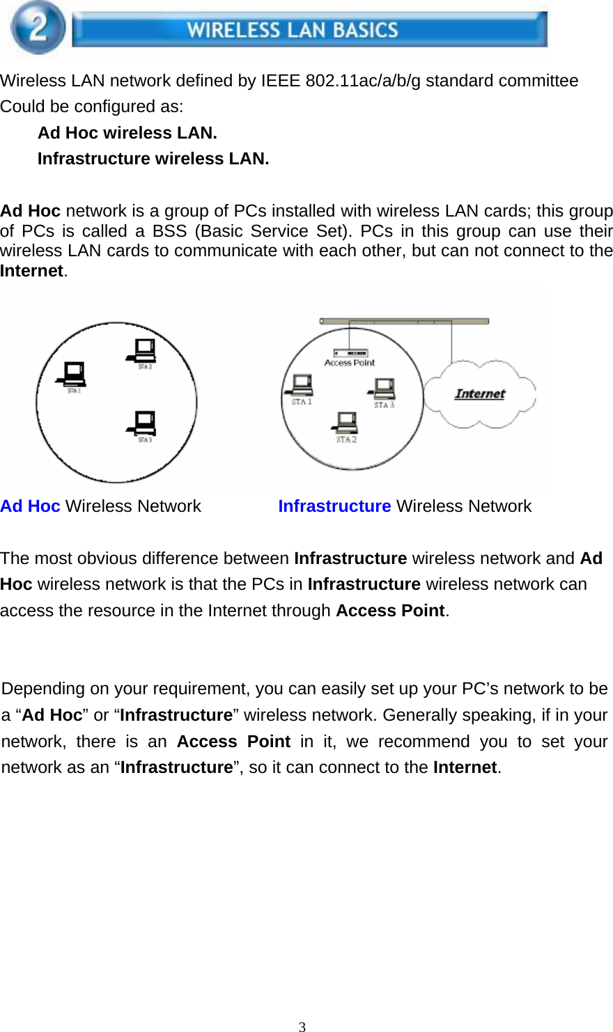 3     Wireless LAN network defined by IEEE 802.11ac/a/b/g standard committee Could be configured as: Ad Hoc wireless LAN. Infrastructure wireless LAN.   Ad Hoc network is a group of PCs installed with wireless LAN cards; this group of PCs is called a BSS (Basic Service Set). PCs in this group can use their wireless LAN cards to communicate with each other, but can not connect to the Internet.  Ad Hoc Wireless Network  Infrastructure Wireless Network   The most obvious difference between Infrastructure wireless network and Ad Hoc wireless network is that the PCs in Infrastructure wireless network can access the resource in the Internet through Access Point.     Depending on your requirement, you can easily set up your PC’s network to be a “Ad Hoc” or “Infrastructure” wireless network. Generally speaking, if in your network, there is an Access Point in it, we recommend you to set your network as an “Infrastructure”, so it can connect to the Internet. 