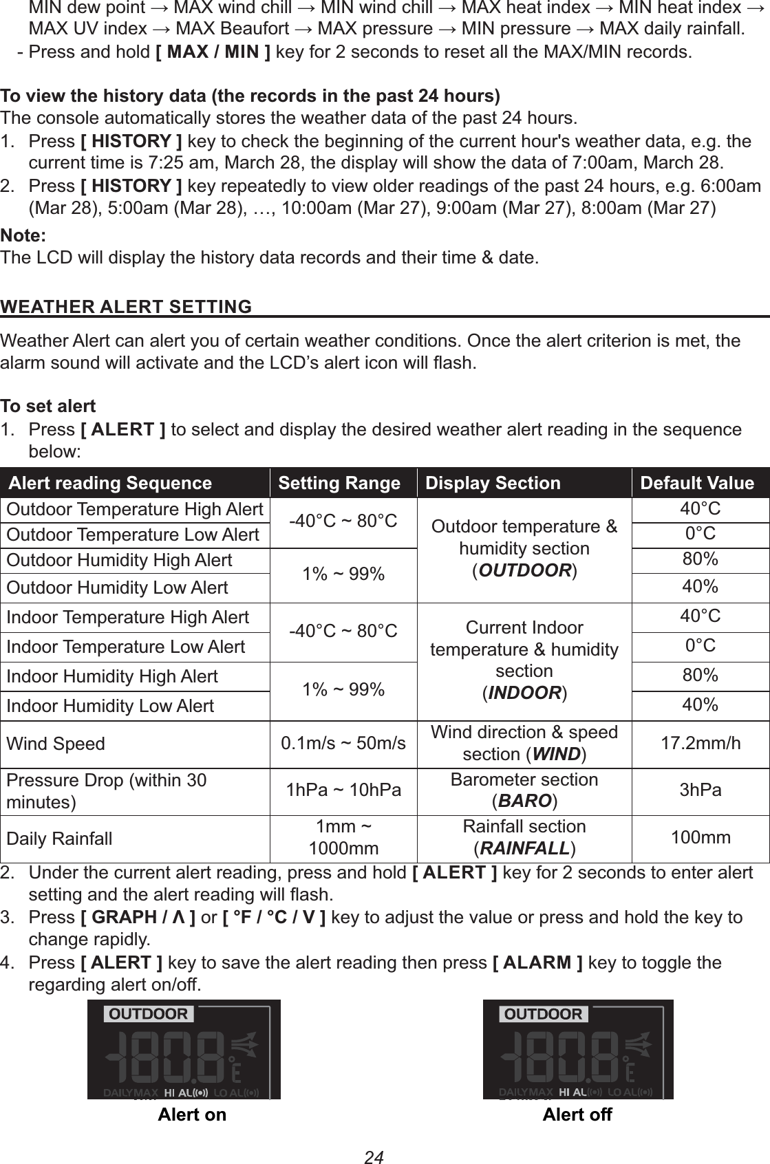 24 - Press and hold +/-&apos;%,G;@8CAThe console automatically stores the weather data of the past 24 hours.1. Press+2&apos;&amp;#(5, key to check the beginning of the current hour&apos;s weather data, e.g. the current time is 7:25 am, March 28, the display will show the data of 7:00am, March 28.2. Press +2&apos;&amp;#(5, key repeatedly to view older readings of the past 24 hours, e.g. 6:00am (Mar 28), 5:00am (Mar 28), …, 10:00am (Mar 27), 9:00am (Mar 27), 8:00am (Mar 27) %The LCD will display the history data records and their time &amp; date.&quot;2&quot;(!&quot;(&amp;&quot;&apos;%0Weather Alert can alert you of certain weather conditions. Once the alert criterion is met, the 1. Press +!&quot;(, to select and display the desired weather alert reading in the sequence below: 7&amp;H8 &amp;7(7 );&amp;8 )*Outdoor Temperature High Alert  Outdoor temperature &amp; humidity section(OUTDOOR)40°COutdoor Temperature Low Alert 0°COutdoor Humidity High Alert  80%Outdoor Humidity Low Alert 40%Indoor Temperature High Alert  Current Indoor temperature &amp; humidity section(INDOOR)40°CIndoor Temperature Low Alert 0°CIndoor Humidity High Alert  80%Indoor Humidity Low Alert 40%Wind Speed  Wind direction &amp; speed section (WIND)17.2mm/hPressure Drop (within 30 minutes)  Barometer section (BARO)3hPaDaily Rainfall 1000mmRainfall section (RAINFALL)100mm2.  Under the current alert reading, press and hold +!&quot;(, key for 2 seconds to enter alert 3. Press +0(12-3, or +4$-4-*, key to adjust the value or press and hold the key to change rapidly.4. Press +!&quot;(, key to save the alert reading then press +!(, key to toggle the  L